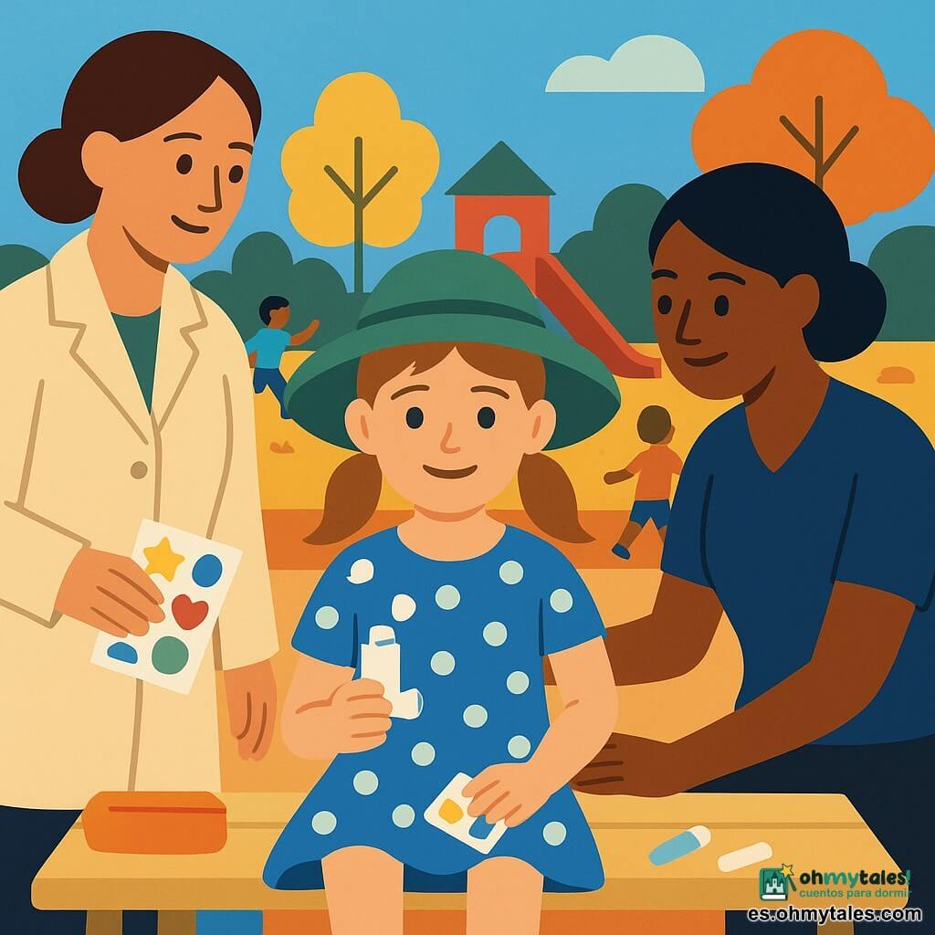 Niña de 8 años, sonriendo pero algo sin aliento, con gran sombrero verde, vestido de lunares azules y sosteniendo un pequeño inhalador blanco en la mano derecha, sentada en un banco escolar; piel clara, cabello castaño claro en coletas, ojos grandes y expresión valiente y serena. A la izquierda, la madre (unos 35 años) de cabello castaño recogido y abrigo claro sostiene una hoja de pegatinas brillantes y mira con ternura; a la derecha, la maestra (unos 30 años) arrodillada con pelo negro corto y uniforme sencillo apoya la mano en el hombro de la niña para reconfortarla. Al fondo, niños juegan a distancia en un patio escolar colorido con tobogán rojo y árboles estilizados; pavimento con tizas y una pequeña estuche cerca del banco, luz cálida de la tarde. Situación principal: la niña muestra orgullosa su inhalador y su pequeña libreta de pegatinas mientras la madre y la maestra la apoyan, composición centrada, colores vivos y formas simples con fuerte contraste entre los personajes y el fondo.