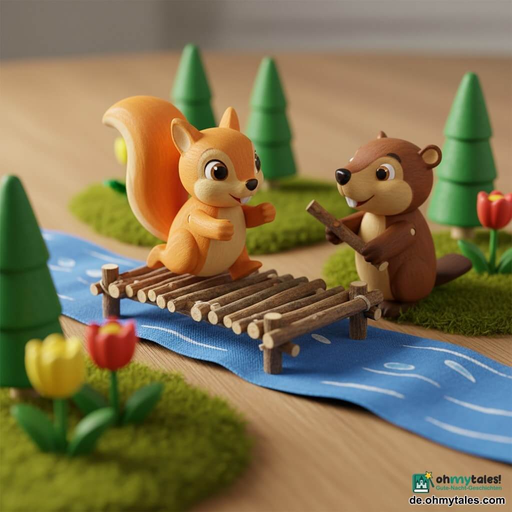 Lilli, ein kleines hellorange bemaltes Holzspielzeug-Eichhörnchen mit fröhlichem, stolzem Ausdruck und großen glänzenden Augen, rennt über einen schief aber stabil aus kleinen Stöckchen geklebten Steg, während Max, ein braun bemalter Holzspielzeug-Biber mit schelmischem Lächeln, ihm vom rechten Ufer aus mit einem Ast hilft, der Fluss ist ein Band leuchtend blauen Stoffes mit aufgemalten Tropfen, weißen Reflexen und feinen Linien als Strömung, die Ufer sind mit grünen Kegelbaum-Spielzeugen, gelb- und rotbemalten Blumen und einem grünen Moosteppich als Wiese dekoriert, die Szene zeigt Lillis mutige, begeisterte Überquerung, von Max ermutigt; illustrativer, weicher Stil, gesättigte Kontrastfarben, warmes Licht und weiche Schatten wie bei einem Holzdiorama für Kinder
