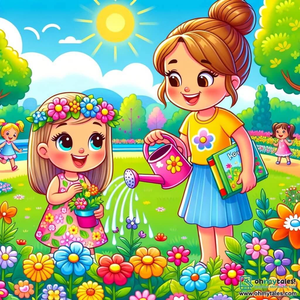 A 4-year-old girl with long blonde hair and sparkling eyes is watering colorful flowers with a small pink watering can. She wears a bright floral dress and has a big smile on her face, showing her enthusiasm and pride. Next to her, Miss Emma, a woman in her 30s with brown hair in a bun, smiles and encourages Lily while holding a book about nature. She is dressed in a yellow t-shirt and blue pants, standing slightly back to observe Lily's work. The setting is a sunny park filled with vibrant flowers, lush green trees, and a clear blue sky. Children are happily playing around, adding a festive atmosphere to the scene. The main focus is on Lily caring for the flowers, with sparkling water droplets falling from the petals, while other children sit nearby on a large blanket enjoying fresh fruit, creating a sense of camaraderie and summer joy.