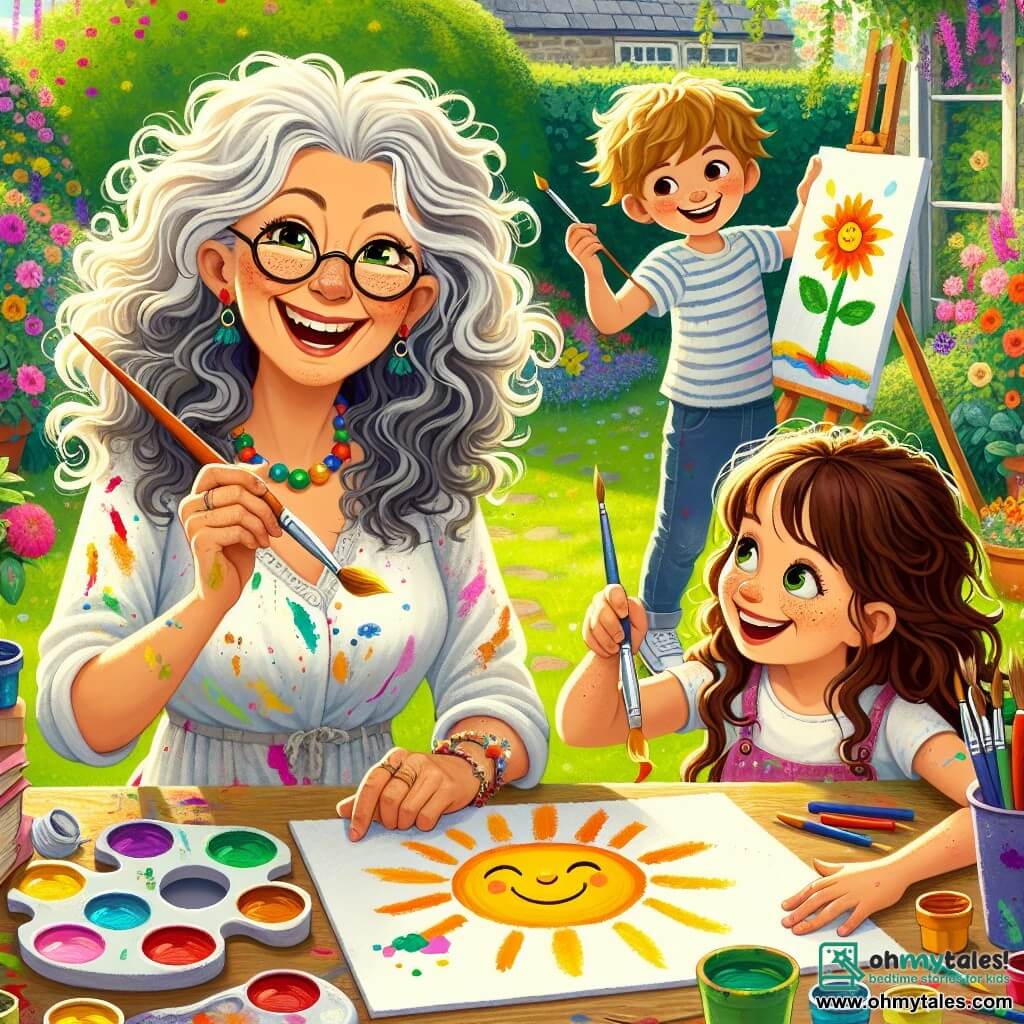 Miss Lily, a cheerful woman in her fifties with curly silver hair cascading softly over her shoulders, is wearing a paint-stained white blouse and smiling enthusiastically, holding a brush in one hand and a palette of bright colors in the other. Emma, a 7-year-old girl with long brown hair and sparkling eyes, is sitting next to her, painting a large yellow sun on her paper, her face radiating happiness. Max, an 8-year-old boy with blonde hair and round glasses, stands behind them, focused on his painting of a large green tree, a look of determination on his face. The scene takes place in Miss Lily's sunny garden, surrounded by colorful flowers and lush trees. A large wooden table is covered with white sheets and vibrant paint pots, creating a joyful and creative atmosphere. In this illustration, Miss Lily and the children are sharing a magical painting moment, laughing and encouraging each other, while the sun shines above them, illuminating their colorful artworks.