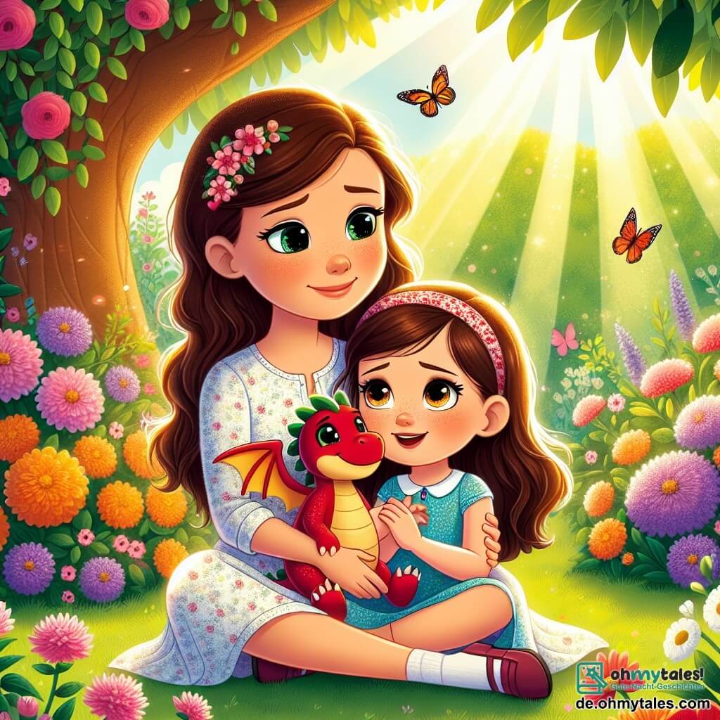 Ein siebenjähriges Mädchen, Mia, mit langen braunen Haaren und funkelnden Augen sitzt in einem sonnigen Garten, umgeben von bunten Blumen. Sie hat ein sanftes Lächeln, aber ein Hauch von Melancholie in ihren Augen, während sie ihren kleinen roten Plüschdrachen Finn in den Armen hält, der Trost spendet. Ihre Mutter, eine Frau in ihren Dreißigern mit braunen Haaren und einem warmen Lächeln, sitzt neben ihr auf dem Gras und schaut sie liebevoll an. Sie trägt ein leichtes, farbenfrohes Kleid und scheint bereit, mit ihr zu sprechen, ihre Hand auf Mias Schulter gelegt, um sie zu beruhigen. Der Garten ist erfüllt von leuchtenden Blumen, schwirrenden Schmetterlingen und einem großen schattigen Baum, was eine friedliche, aber emotional aufgeladene Atmosphäre schafft. Mia und ihre Mutter sprechen über die Trennung ihrer Eltern, einen sensiblen Moment, in dem Mia ihre Gefühle ausdrückt, während sie ihren Drachen hält, was ihr Bedürfnis nach Trost und Liebe symbolisiert.