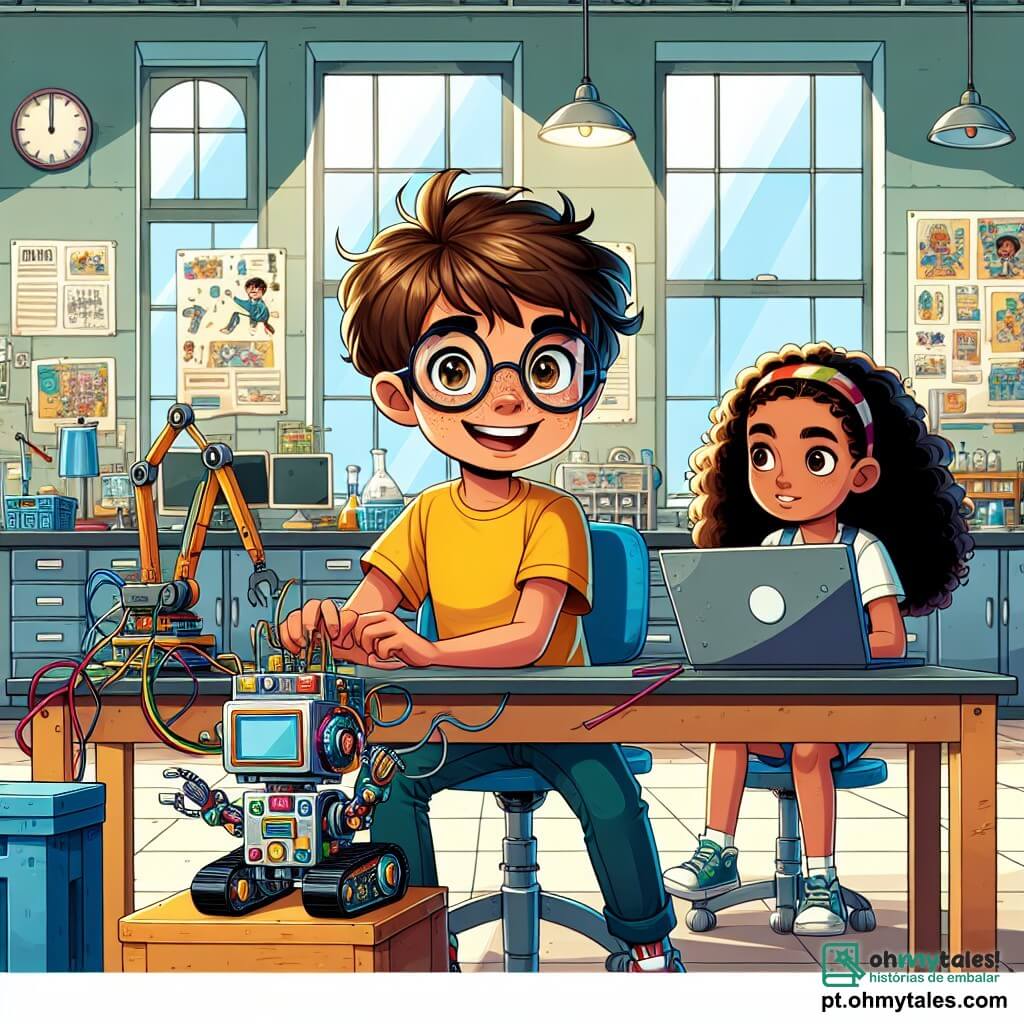 Um garoto de 12 anos, Lucas, está sentado em uma mesa de laboratório, com um grande sorriso no rosto, seus olhos brilhando de alegria e excitação. Ele tem cabelos castanhos bagunçados e usa óculos redondos. À sua frente, um robô colorido, feito de peças brilhantes e cabos, está se animando enquanto ele o programa em um laptop. Ao lado dele, sua melhor amiga Ana, uma menina de 11 anos com cabelos longos e cacheados, está em pé, com as mãos na cintura, exibindo um ar determinado. Ela usa uma camiseta amarela vibrante e jeans, e observa Lucas com admiração, pronta para ajudar. O lugar é um laboratório escolar, cheio de mesas de trabalho, livros de ciências e pôsteres coloridos nas paredes, representando invenções e experiências. A luz natural entra por grandes janelas, iluminando o espaço. A cena principal mostra Lucas e Ana se preparando para sua apresentação na feira de ciências, cercados por colegas que os incentivam, criando uma atmosfera de camaradagem e excitação.