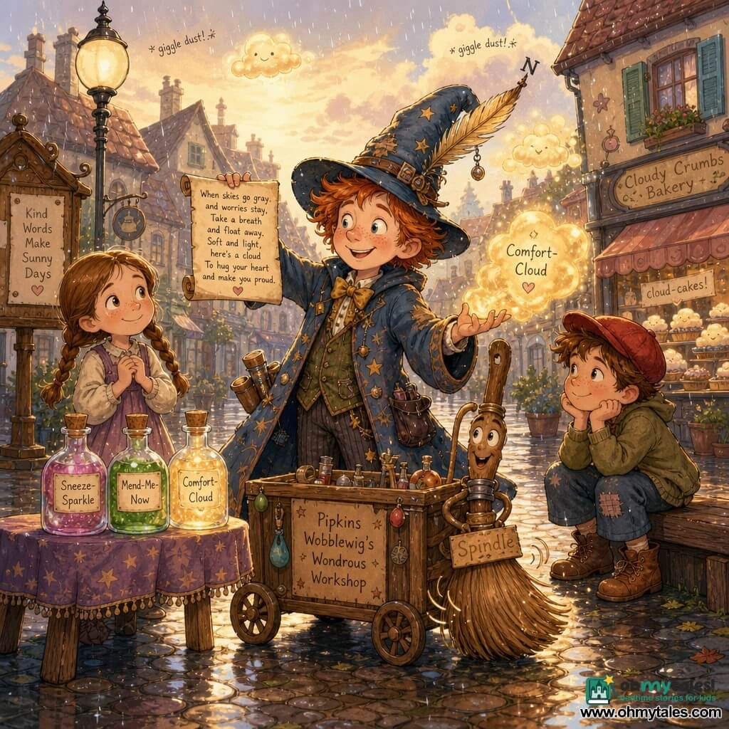 A warm, mischievous wizard named Pipkins Wobblewig, smiling with twinkling eyes and freckles, twisted hat with a large feather pointing north, squeaky-looking boots, stands by a small wheeled workshop cart, waving a scrap of paper with a short rhyme and blowing a shimmering golden "Comfort-Cloud" bubble; a curious, reassured 7-year-old girl with two braids stands left of him by a table of labeled vials ("Sneeze-Sparkle," "Mend-Me-Now," "Comfort-Cloud") with hands near her heart, an 8-year-old shy but smiling boy in a red cap crouches right on a bench, slightly spreading his knees to "hug the gap," an anthropomorphic polite broom called Spindle leans against the cart and watches, small village square with tilted-roof houses, a bakery window showing cloud-cakes, wet glinting cobbles, round lamp posts and a wooden notice board; the scene is a tender, playful moment as the wizard recites the rhyme under a luminous drizzle with floating laughter-dust, soft expressions and movement, warm pastel colors, soft lines, light watercolor textures and golden late-afternoon lighting centered at child eye level.