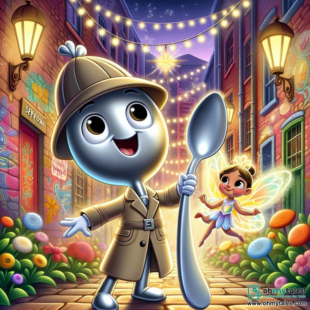 In the center of the image, we see **Detective Spoon**, a small silver metal detective, wearing a detective hat on his long handle. He has a joyful and determined expression, holding a shiny magnifying glass as he carefully examines the ground for clues. Next to him, **Twinkle**, a little fairy with sparkling wings, is flying excitedly. She has golden hair and a dress made of flower petals, and her face is lit up by a big smile, full of hope. In the background, the setting is a **magical alley** in the city, adorned with colorful walls featuring vibrant murals and glowing lanterns floating in the air. Brightly colored flowers grow between the cobblestones, and a shimmering fountain is at the end of the alley, adding a touch of magic. The main scene shows **Detective Spoon and Twinkle** searching together for the lost magical dust, with glowing sparkles floating around them, creating an atmosphere of adventure and mystery.