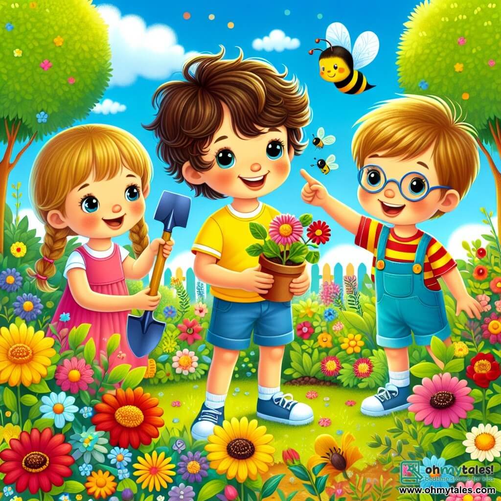 A 4-year-old boy, Tommy, with messy brown hair and a big joyful smile, stands at the center of the image holding a small shovel and a flower pot. He wears a bright yellow t-shirt and blue shorts, and his eyes shine with excitement as he looks at the colorful flowers around him. Next to him, Mia, a 5-year-old girl with braided blonde hair and a pink dress, watches intently as a bee flies near a flower, her expression curious and amazed. A little further away, Sam, a 4-year-old boy with glasses and brown hair, points at a pretty butterfly resting on a leaf, showing a delighted smile. The scene is set in a blooming garden filled with red, yellow, and blue flowers swaying in the gentle breeze. Lush green trees line the garden, and the sky is a bright blue with a few fluffy white clouds. The main focus shows Tommy and his friends planting seeds in pots, surrounded by the beauty of spring, with buzzing insects and singing birds, capturing the joyful and adventurous spirit of the season.