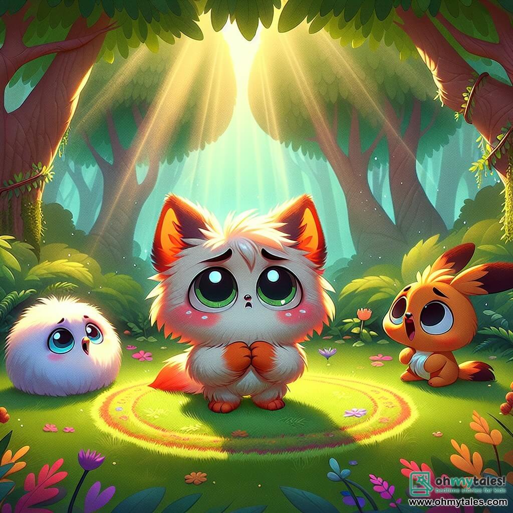 Pippin, a small character shaped like a soft, colorful ball of fur with big sparkling eyes and moving ears, stands at the center of the scene, displaying an expression of sadness mixed with hope, with his paws on his heart. To his left, Fluff, an adorable creature with fluffy white feathers, bright eyes, and a small beak, looks at Pippin with a melancholic expression, sitting on a bed of green moss, while to his right, Flick, a small animal with bright colors, joyfully hops around, trying to comfort Fluff with an encouraging smile. The setting is a sharing circle in an enchanted forest, surrounded by majestic trees with vibrant leaves, where rays of sunlight filter through the branches, illuminating the ground covered with colorful flowers and soft moss cushions. The main situation shows Pippin and his friends sharing their emotions, with Pippin suggesting playing to lift Fluff's spirits, creating an atmosphere of support and friendship amid the soothing nature.