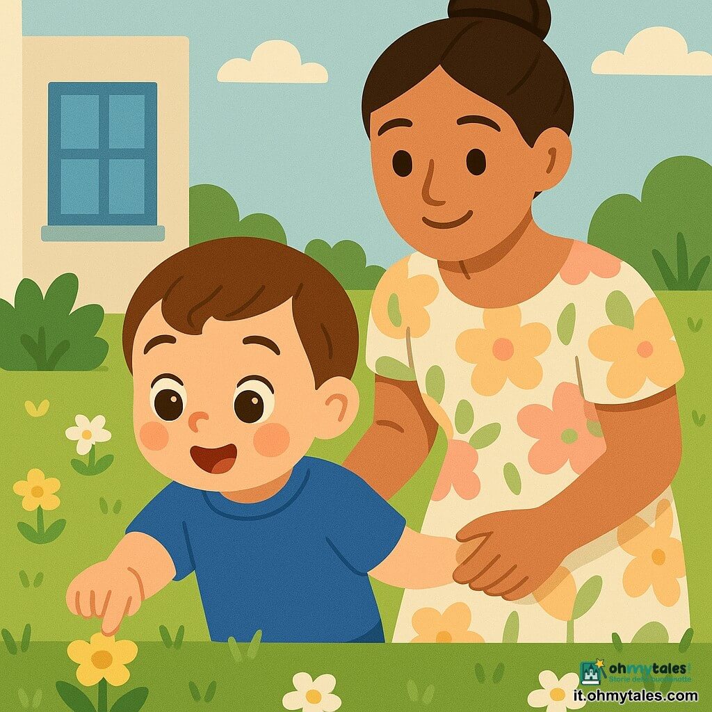 Un bambino di 2 anni, volto rotondo e guance rosate, capelli castani corti, occhi grandi e brillanti, espressione meravigliata e sorridente, tocca con la mano destra un piccolo bocciolo giallo; la madre di circa 30 anni, capelli castani raccolti in chignon e abito a fiori pastello, sorride dolcemente tenendogli la mano sinistra da dietro; giardino con prato verde rasato, fiori gialli e bianchi bassi, un piccolo cespuglio e una finestra della casa dipinta di blu sullo sfondo; luce mattutina morbida, ombre leggere, cielo limpido con qualche nuvola; scena calma e gioiosa, composizione centrata sui due personaggi al centro del giardino.