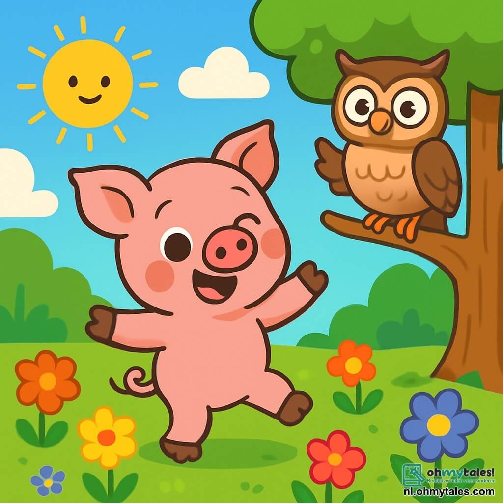 Een klein roze varkentje, genaamd Roos, met grote glanzende ogen en een vrolijke glimlach, danst in een veld vol kleurrijke bloemen. Zijn wangen zijn roze en rond, en hij heeft kleine puntige oren die meebewegen op de beat van zijn dans. Naast hem zit een wijze uil met bruine veren en grote ronde ogen, die vriendelijk en aanmoedigend toekijkt vanuit een tak. De lucht is blauw met donzige witte wolken, en de zon schijnt, waardoor het landschap verlicht wordt. Roos en de uil bevinden zich in een prachtig magisch bos, vol schitterende bloemen en grote bomen met knoestige stammen. De hoofdscène toont Roos die lachend en vrolijk speelt, terwijl de uil applaudisseert en glimlacht, wat een sfeer van geluk en vriendschap creëert.