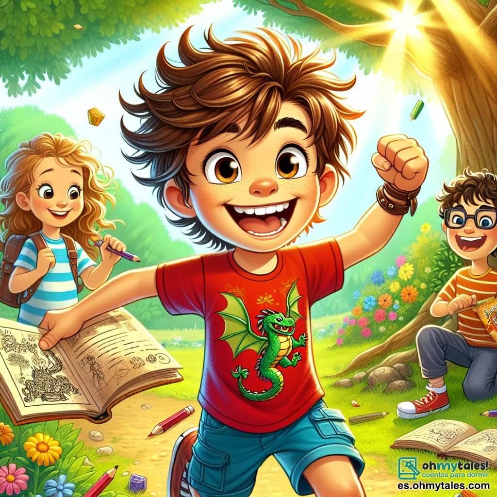 Un chico de 10 años, Lucas, con cabello castaño desordenado y una gran sonrisa, salta de alegría en el centro de la imagen, sosteniendo un viejo trozo de papel en sus manos. Lleva una camiseta roja con un dibujo de dragón y un pantalón corto azul, sus ojos brillan de emoción. A su derecha, Sofía, una niña de 10 años con cabello largo y rizado, dibuja un dragón en su cuaderno con lápices de colores, su rostro es concentrado pero alegre. A la izquierda, Martín, un chico de 10 años con gafas y una camiseta a rayas, ríe mientras sostiene un paquete de galletas, listo para compartirlas. El decorado es un parque soleado, con árboles verdes exuberantes, flores coloridas y un gran roble viejo al fondo, debajo del cual se esconde su tesoro. La situación principal muestra a Lucas y sus amigos en plena búsqueda de un tesoro, rodeados de risas y alegría, con destellos de luz del sol filtrándose a través de las hojas.