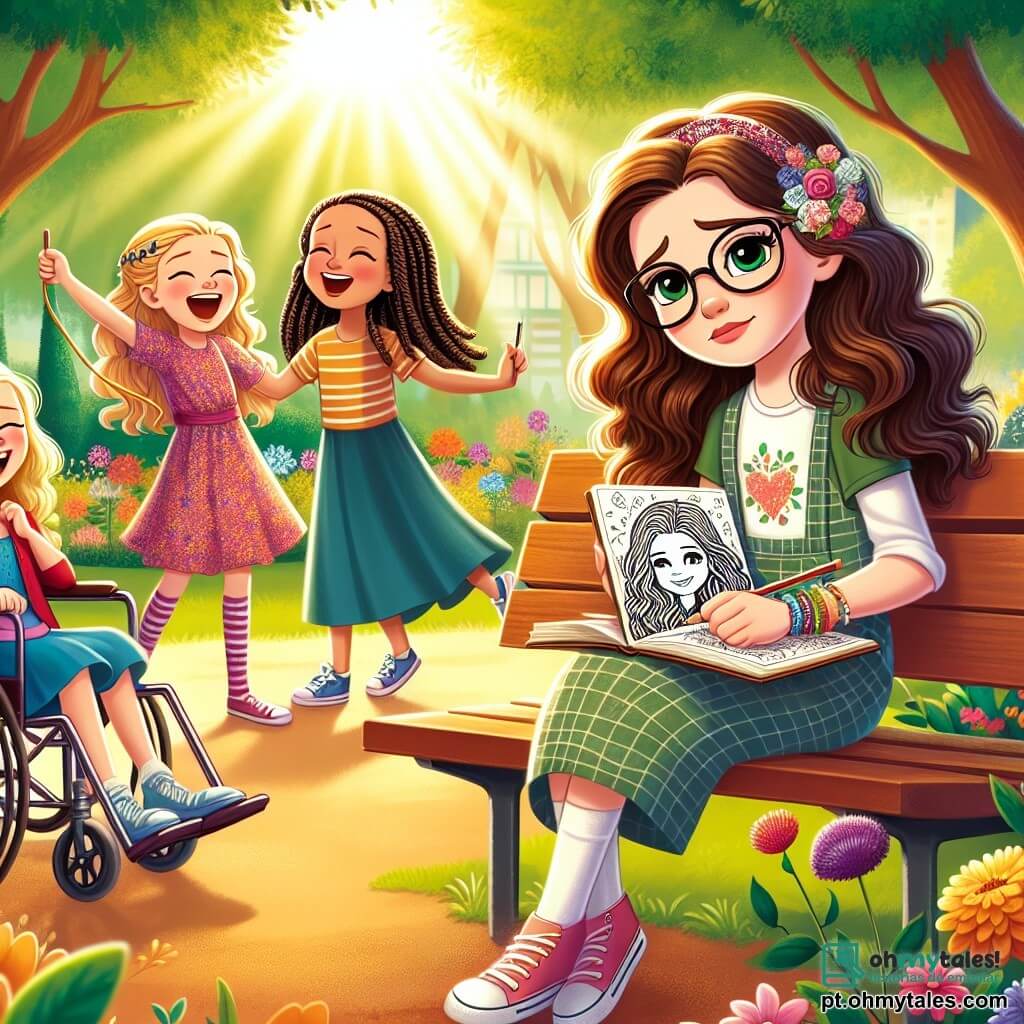 No centro da imagem, Ana, uma menina de 10 anos com longos cabelos castanhos e óculos, está sentada em um banco, parecendo triste, segurando um caderno de desenhos. À sua direita, Sofia, uma menina de 9 anos com cabelos loiros trançados e um sorriso radiante, pula corda, tentando animar Ana. À esquerda, Clara, uma menina de 10 anos com cabelos cacheados e um vestido colorido, ri alegremente, trazendo alegria à cena. Ao fundo, Júlia, uma menina de 10 anos em uma cadeira de rodas, observa com um olhar encorajador, pronta para contar uma história para confortar suas amigas. O local é um parque ensolarado, cheio de árvores verdes e flores coloridas, com raios de sol filtrando pelas folhas, criando uma atmosfera calorosa, enquanto um caminho de cascalho serpenteia ao redor de um pequeno lago onde nadam patos. A situação principal mostra Ana, triste por causa das provocações que sofre online, cercada por suas amigas que tentam confortá-la e fazê-la sorrir, ilustrando a importância da amizade e do apoio contra o bullying.
