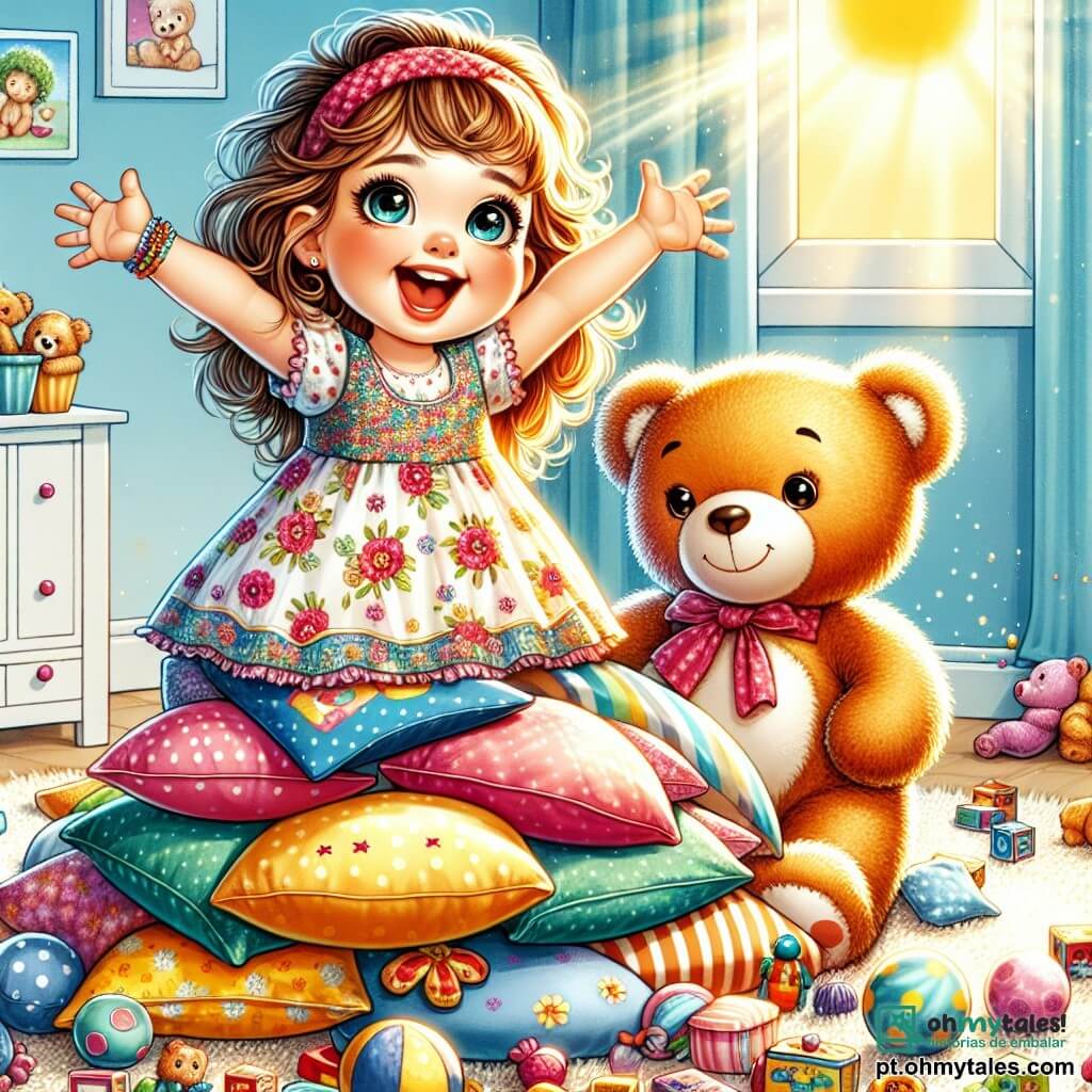 Uma menina de 2 anos, chamada Lili, com grandes olhos brilhantes e cabelos cacheados, usa um vestido colorido com flores. Ela sorri alegremente, com os braços levantados em sinal de vitória, no topo de uma montanha de travesseiros. Ao seu lado, seu fiel urso de pelúcia, com um rosto sorridente e braços abertos, parece pronto para a aventura. A cena ocorre em um quarto acolhedor, cheio de brinquedos espalhados, com paredes pintadas de azul céu e um tapete macio que se assemelha a um grande rio. Os raios de sol filtram pela janela, iluminando o ambiente com uma luz dourada. Lili, em plena exploração, acaba de descobrir uma caixa misteriosa cheia de brinquedos mágicos, que abriu com admiração. Ela está pronta para mergulhar em uma nova aventura com seu urso, cercada por seu universo colorido e alegre.