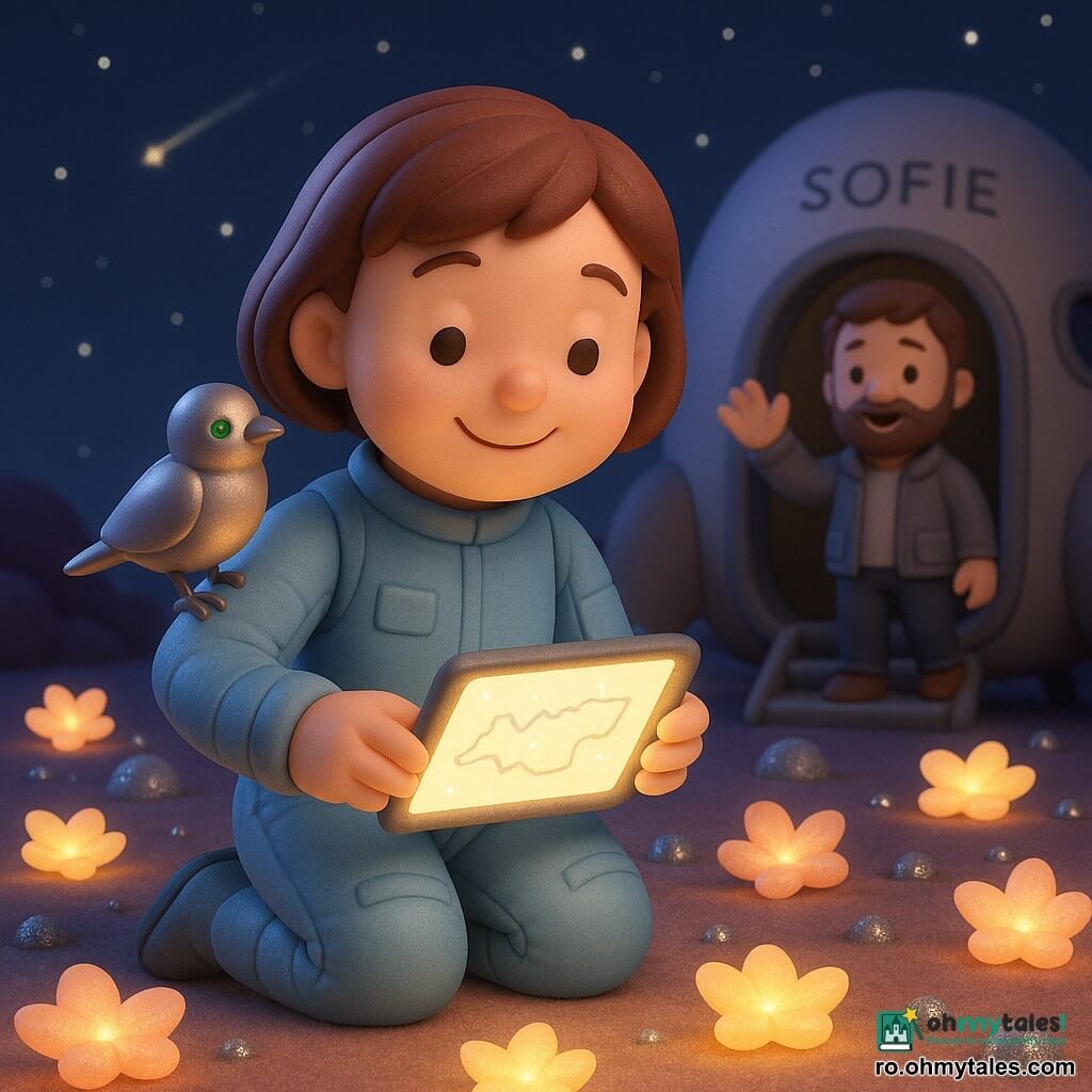 Ana, tânără exploratoare de aproximativ 25 de ani, cu faţă rotundă şi zâmbitoare şi păr scurt, purtând un costum spaţial albastru deschis, strâns, cu cusături vizibile şi buzunare mici, ţine o tabletă luminoasă şi desenează o hartă; un bărbat adult de circa 30 de ani, membru al echipajului, cu barbă blândă şi o vestă gri, stă lângă intrarea rotundă a navetei Sofie în fundal şi îi face cu mâna; un mic pasăre metalică argintie, cu corp neted şi ochi LED verzi, stă pe umărul drept al Anei şi ciripeşte; solul e moale şi catifelat, presărat cu flori lumineze în formă de stea, petale translucide roz şi galben, şi pietre mici sclipitoare argintii; cerul adânc albastru închis e înstelat, cu o bandă de lumină a altei navete; scenă principală: Ana îngenuncheată cartografiind planeta, tabletă luminoasă în mână, înconjurată de flori palide şi pietre strălucitoare, atmosferă blândă şi senină, culori pastel, lumină caldă şi de vis.