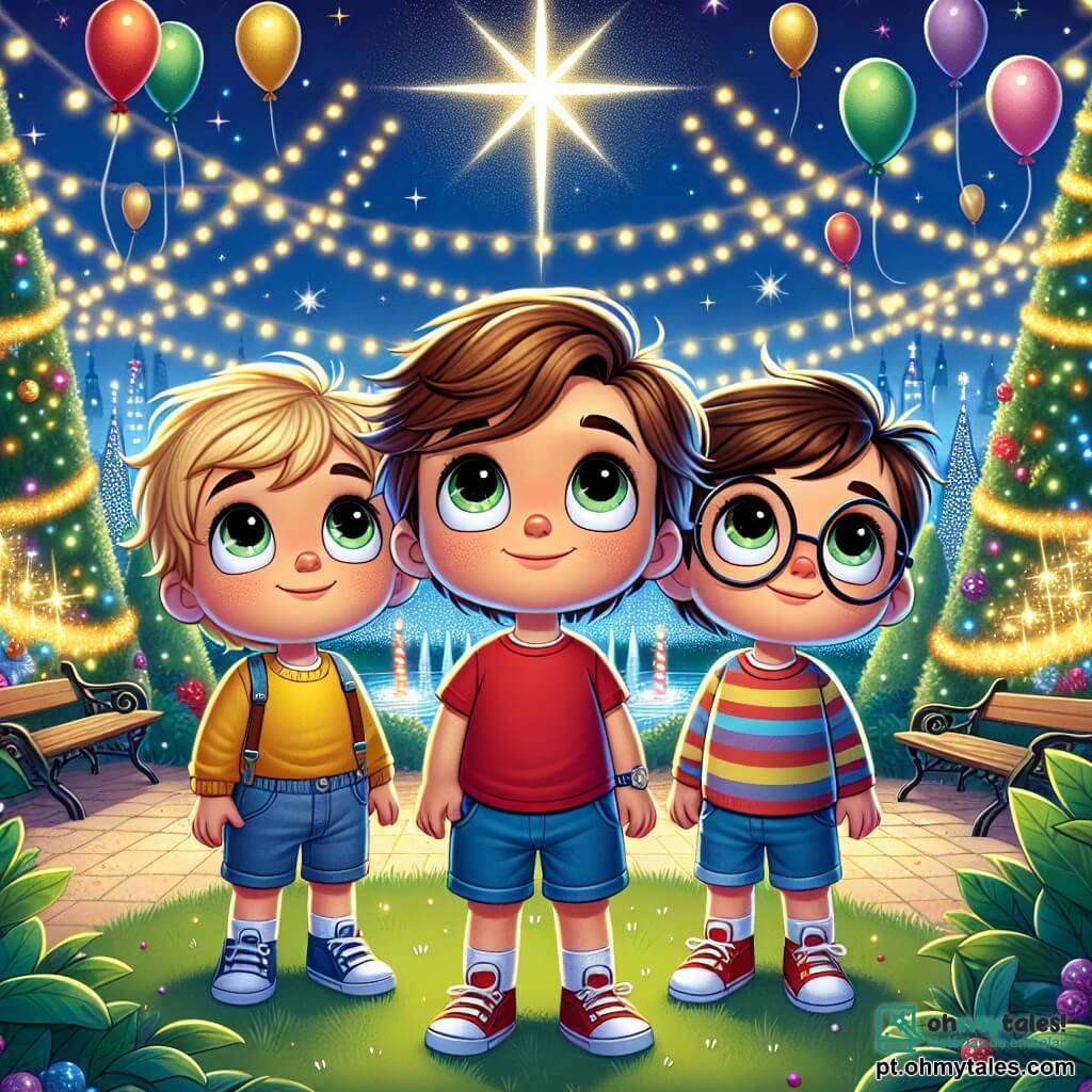 Três meninos de cinco anos, Tomás, Lucas e João, estão no centro de um jardim iluminado. Tomás, com cabelos castanhos e olhos brilhantes, usa uma camiseta vermelha e um short azul. À sua direita, Lucas, com cabelos loiros e olhos verdes, veste uma camisa listrada colorida e um short. À esquerda, João, com cabelos castanhos e óculos redondos, usa um suéter amarelo e uma calça jeans. O jardim é decorado com serpentinas brilhantes e luzes cintilantes, criando uma atmosfera festiva. Ao fundo, um céu estrelado se estende, com uma estrela brilhante acima deles. Os três amigos, com os braços levantados, olham maravilhados para balões coloridos subindo ao céu, cada um com uma pequena mensagem de votos. A cena é cheia de alegria e magia, capturando o espírito de uma celebração de Ano Novo cheia de esperança e amizade.