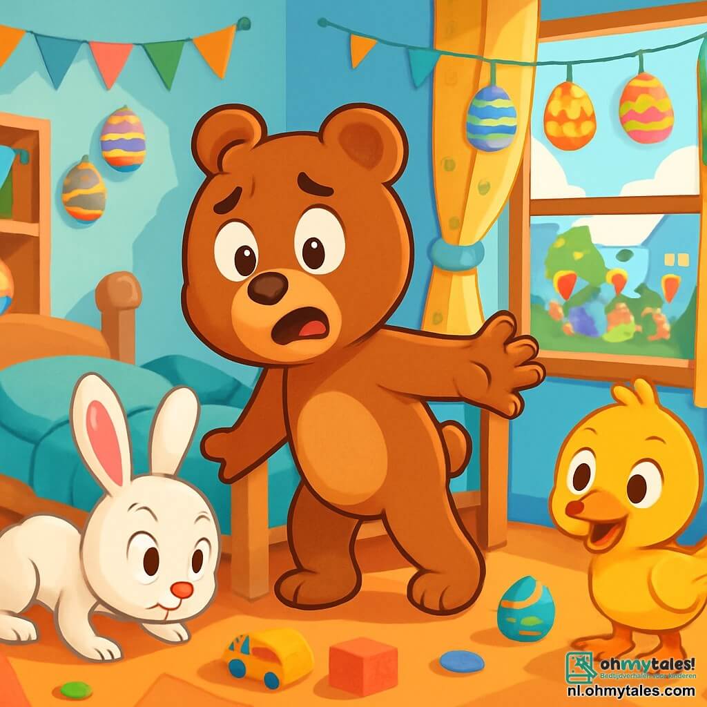 Bram, een kleine bruine teddybeer met sprankelende ogen en een bezorgde glimlach, zoekt wanhopig naar zijn magische paasei in zijn rommelige kamer. Kiki, een schattig wit konijntje met grote oren, kijkt nieuwsgierig en vastberaden onder het bed, terwijl Ella, een vrolijke kleine kanarie met felgeel verenkleed, bij het raam staat en de drukte van de parade met opgewonden ogen gadeslaat. De scène speelt zich af in een kleurrijke kamer, vol rommelige speelgoed, paasversieringen en zonnestralen die door de gordijnen vallen. Bram, Kiki en Ella zijn druk bezig met zoeken, overal speurend naar het magische ei voordat de grote paasperiode buiten begint.