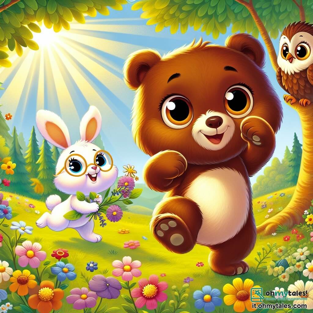 Un piccolo orso bruno, con occhi brillanti di gioia, balla in una radura soleggiata, circondato da fiori colorati che si piegano dolcemente sotto la brezza primaverile. Ha un pelo morbido e setoso e un ampio sorriso che illumina il suo viso, mentre solleva le zampe in aria, celebrando l'arrivo della primavera. Vicino, una piccola coniglietta bianca dalle grandi orecchie, piena di energia, salta gioiosamente, tenendo un mazzo di fiori selvatici tra le zampe. Ha uno sguardo birichino e un sorriso radioso. Un saggio gufo dalle piume brune e dagli occhi tondi, posato su un ramo, osserva la festa con aria divertita. La scena si svolge in una radura verdeggiante, illuminata da una luce dorata, dove fiori di tutti i colori sbocciano e alberi maestosi creano un'atmosfera accogliente. I raggi di sole filtrano attraverso il fogliame, creando ombre danzanti sul terreno. In questa illustrazione, il piccolo orso e i suoi amici celebrano insieme l'arrivo della primavera, in un'atmosfera gioiosa e festosa, piena di risate e colori vivaci.