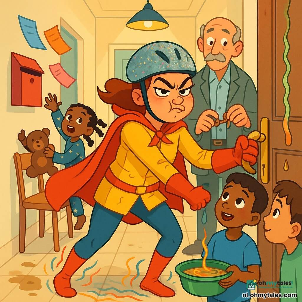 Een volwassen vrouw, licht komische superheldin met een ondeugende geconcentreerde blik, spleetogen, overdreven wenkbrauwen en een grappige pruillip; ze draagt een glinsterende fietshelm, korte rode cape, geel jasje en handschoenen en trilt zachtjes de vloer terwijl ze aan de greep van een vastzittende deur trekt. Rechts van haar staat een ongeveer 8-jarige jongen met kort haar en blauw T-shirt die een groen bakje houdt onder een druppelende soep uit het plafond en haar bewonderd bekijkt. Links achterin zit een circa 6-jarig meisje met gevlochten haar in een sterrenpyjama op een stoel met een knuffel en reikt naar een voortzwevende flyer. Net achter de vrouw staat een ongeveer 60-jarige lange man met dunne snor en gekreukte grijze jas, hij houdt een oude sleutel en kijkt naar de deur. De smalle lichte portiek heeft beige tegels met moddersporen, crèmewanden, een rode brievenbus, rondzwevende flyers, een oude bruine houten deur met grote messingknop en een wiebelende hanglamp. De scène toont een kleine komische ramp: kleurrijke soepdruppels in bogen, draaiende flyers, golvende gekleurde trillingslijnen bij haar voeten; iedereen werkt samen om de soep op te vangen en de deur te openen. Stijl: nette vectorillustratie, levendige kleuren, zachte lijnen, eenvoudige silhouetten, overdreven expressies, warm licht, compositie gericht op de heldhaftige vrouw.