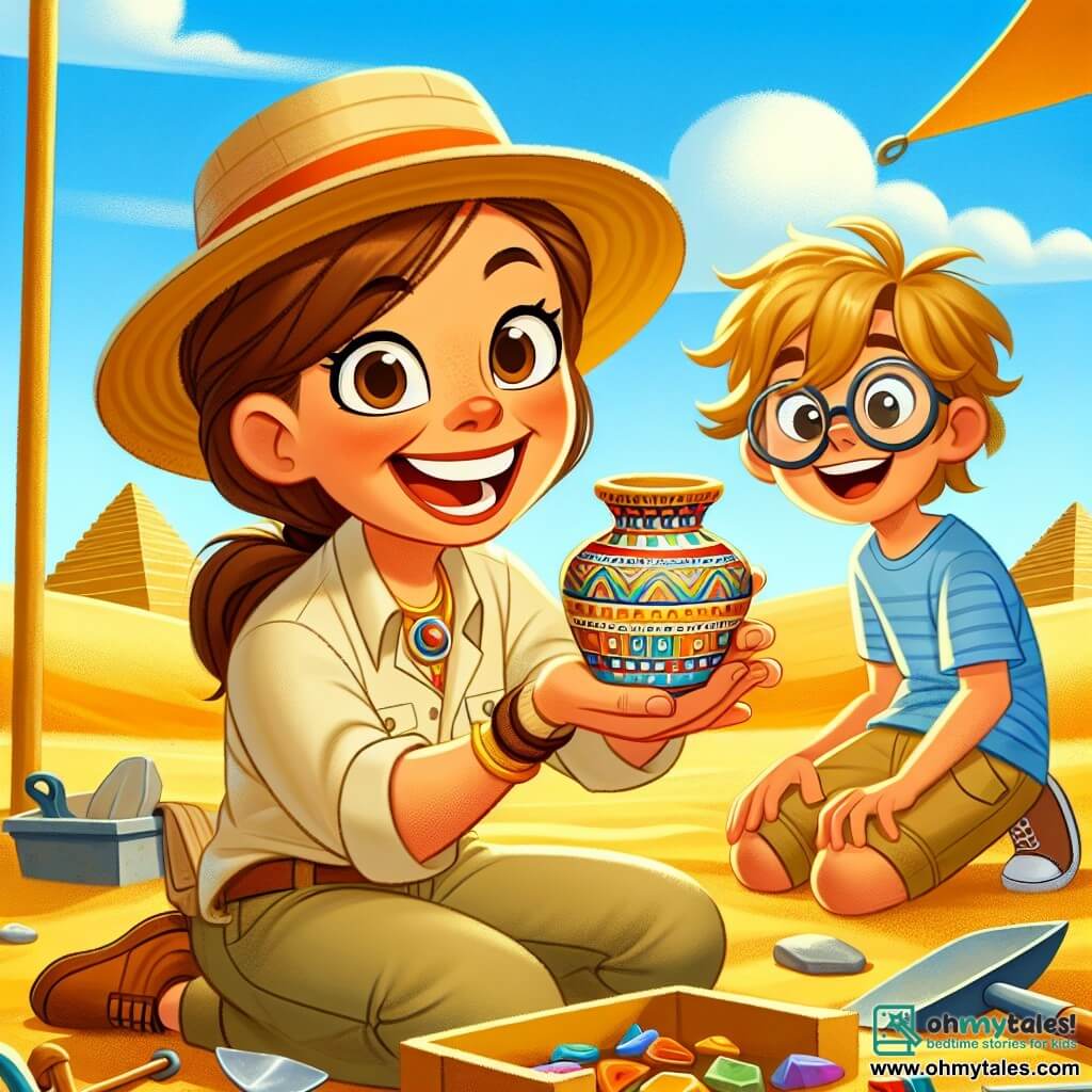 In the foreground, a joyful archaeologist, Dr. Lily, a woman in her thirties with brown hair tied in a ponytail, wears a straw hat and a beige shirt. She has a big smile on her face, her eyes sparkling with excitement as she holds up a small ceramic pot decorated with colorful patterns to show her friends. Next to her, Sammy, a boy of about 10 with messy blonde hair and round glasses, gazes at the pot in wonder. He is wearing a blue t-shirt and khaki shorts, crouching with a plastic shovel, ready to assist Dr. Lily in her discovery. The setting is a sunny archaeological site surrounded by golden sand dunes under a clear blue sky. Majestic pyramids rise on the horizon, and archaeological tools are scattered around them, creating an adventurous atmosphere. The main scene depicts Dr. Lily and Sammy in the midst of their discovery, amazed by the ancient pot they have just unearthed, symbolizing the excitement and curiosity of archaeological exploration.