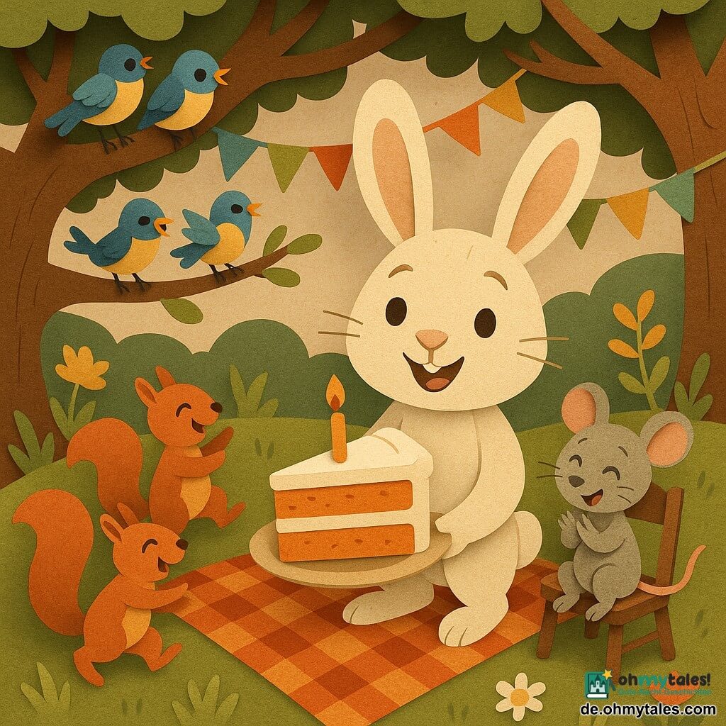 Ein junger anthropomorpher Hase in Weiß und Beige lächelnd und strahlend, mit großen aufgestellten Ohren und glänzenden runden Augen, steht im Zentrum und hält ein großes Stück orange-karottenkuchen mit weißer Creme und einer kleinen brennenden Kerze; rechts auf einem kleinen Holzstuhl sitzt eine fröhliche, schelmische graue Maus und klatscht in die Hände; links tanzen zwei rote Eichhörnchen mit flauschigem Fell und buschigen Schwänzen auf einer rot-weiß karierten Decke; eine Gruppe bunter Vögel mit leuchtend blauen und gelben Federn sitzt auf den Ästen oberhalb und singt; Schauplatz: eine Lichtung unter einer großen Eiche, grasbewachsen mit papiermäßig ausgeschnittenen Wildblumen, mehrfarbige Wimpel hängen zwischen den Ästen, weiches spätnachmittägliches Licht; Stimmung: warme, intime Geburtstagsfeier mit papier-gebastelter Deko in einfachen Formen und kräftigen Farben, Komposition zentriert auf Hase und Kuchen, gut lesbare Gesichtsausdrücke.