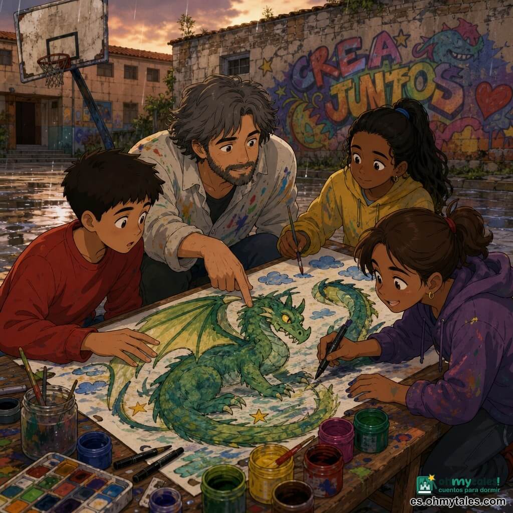 Un hombre artista de unos 35 años, barbado, con cabello despeinado grisáceo y camisa manchada de pintura, está agachado mostrando un detalle de un gran dibujo de dragón sobre una mesa baja; a la izquierda Bruno (~12 años) de pelo corto y sudadera roja, sorprendido y luego enternecido, apoya la mano cerca de las alas como protegiéndolas; a la derecha Inés (~11 años) con pelo castaño recogido y uñas manchadas de tinta sostiene un rotulador negro y añade sombras junto a las patas del dragón, inclinada y sonriente; detrás de la mesa Noa (~12 años) con coleta larga mira tímida y tiende la mano para pintar pequeñas nubes azules sobre el dragón; el lugar es un patio de escuela empedrado con losas gastadas, un aro de baloncesto torcido, una mesa de madera pequeña con hojas y botes de pintura y un muro cubierto de grafitis; luz de tarde con lluvia ligera y charcos brillantes; la escena muestra al grupo pintando y retocando juntos un gran dragón verde de ojos amarillos en una hoja común, gestos atentos y tiernos, ambiente cálido y de compartir (mano que guía otra mano, pincel tendido), tres pequeñas estrellas ocultas firman la obra colectiva; estilo colorido, contornos nítidos, texturas de pintura acuarelada y trazos visibles, composición centrada en el dibujo y los rostros que expresan colaboración.