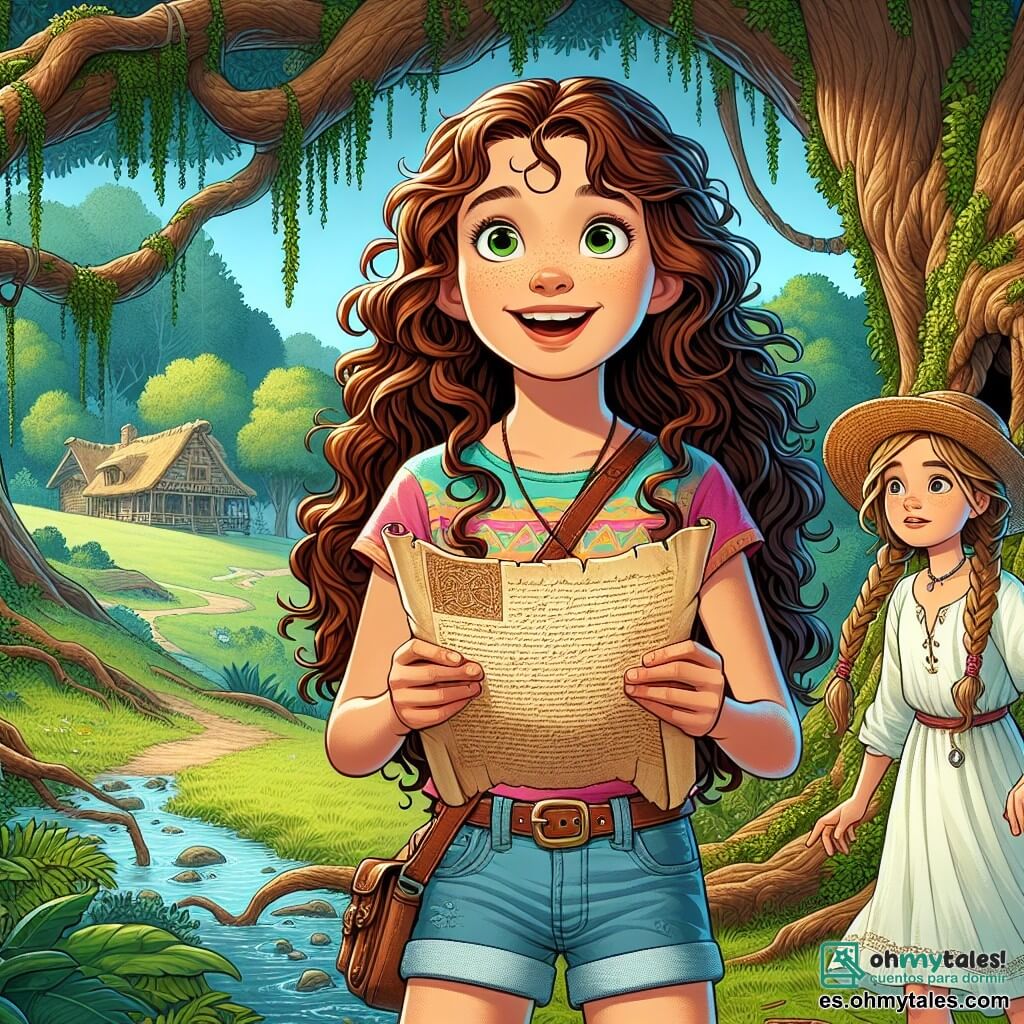 En el centro de la imagen, una niña de 11 años, Valeria, con largos cabellos castaños y rizados, lleva una camiseta colorida y un short de mezclilla. Su rostro brilla con una amplia sonrisa, sus ojos destilan curiosidad y emoción mientras sostiene un viejo pergamino, lista para descubrir un tesoro escondido. A su lado, su mejor amiga Lucía, también de 11 años, con trenzas rubias y un sombrero de paja, observa el pergamino con asombro. Lleva un vestido ligero y sandalias, y su expresión muestra una alegre determinación. El escenario es un parque verde, con grandes árboles y un pequeño arroyo que serpentea por el paisaje. Al fondo, una cabaña antigua cubierta de hiedra añade un toque de misterio a la escena. Valeria y Lucía están de pie frente a un gran árbol antiguo, descifrando el pergamino que las llevará a una nueva aventura, rodeadas por la belleza natural del parque, donde la imaginación y la amistad cobran vida.