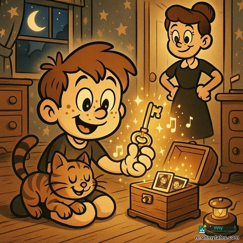Een trotse gelukkige jongen van 8 jaar met een rond gezicht en sproeten, warrig lichtbruin haar en glanzende ogen zit knielend met een open houten doosje met foto’s en een glanzende sleutel; zijn moeder (ongeveer 35) staat glimlachend in de deurpost met haar handen in de zij en kijkt trots; de getijgerde kat Milo spint op zijn schoot en kijkt naar de sleutel. De warme kleine slaapkamer heeft sterrenbehang, houten vloer, een oude commode en een nachtlampje; de maan schijnt door het open raam en werpt zachte lange schaduwen. Hoofdscène: intiem ontdek-moment — de jongen heeft een kistje van onder het bed gevonden, een muziekdoosje op het nachtkastje zendt gouden licht en fijne vonkjes zweven rond het doosje; sfeervol, gezellig en subtiel magisch. Visuele stijl: dikke lijnen, uitgesproken vormen, warme verzadigde kleuren, zichtbare houttexturen, parelglans op de sleutel en gestileerde muzieknootjes in de lucht.