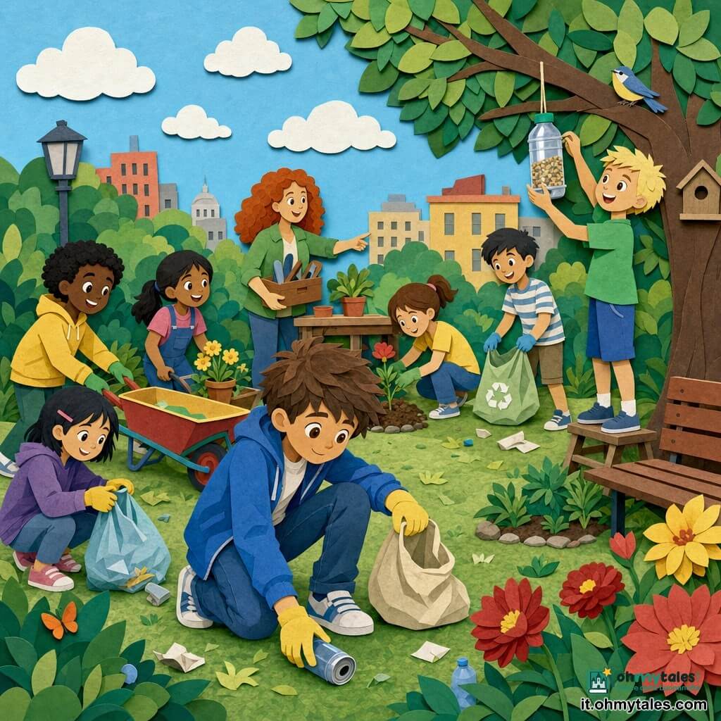 Un bambino di 10 anni, Luca, sorridente e determinato, capelli castani spettinati, occhi marroni, giacca blu e jeans, accucciato a raccogliere una lattina con un piccolo sacchetto di stoffa; accanto a lui Pietro, circa 10 anni, felice, capelli biondi corti e maglietta verde, su un gradino mentre appende una mangiatoia ricavata da una bottiglia a un ramo; sullo sfondo una volontaria adulta dai capelli ricci rossicci, volto caldo e abbigliamento verde, che tiene una scatola di attrezzi e indica dove piantare un fiore; altri bambini (8–11 anni) raccolgono rifiuti e spingono una carriola colorata ridendo e lavorando insieme; parco urbano luminso con alberi stilizzati, prato testurizzato, panchina in legno, fiori rossi e gialli stilizzati e cielo azzurro con nuvole di carta; scena di mattina dedicata alla pulizia collettiva, rifiuti trasformati in oggetti utili, luce morbida, atmosfera ottimista, colori vivaci e contrasti netti con sagome e ombre sovrapposte.