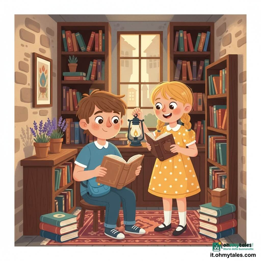 Un ragazzo di 10 anni dal viso rotondo con leggere lentiggini, capelli castano spettinati, occhi grandi e curiosi e sorriso timido, seduto su uno sgabello di legno con lo zainetto blu e sfogliando un grande libro dalle pagine crema; accanto a lui Camilla, circa 9 anni, capelli biondi in due trecce, vestito giallo a pois bianchi, espressione gioiosa, che tiene una lampada a olio vintage e gli mostra un libro antico. La scena si svolge in una minuscola libreria tra edifici in pietra con scaffali scuri pieni di libri colorati, vasetti di lavanda sul banco, luce calda che filtra da una vetrina a piccoli riquadri e un tappeto persiano rosso sotto i piedi; l'angolo è accogliente e intimo, con pile di libri che creano sentieri, luce dorata sui loro volti e un senso di scoperta e amicizia nascente.