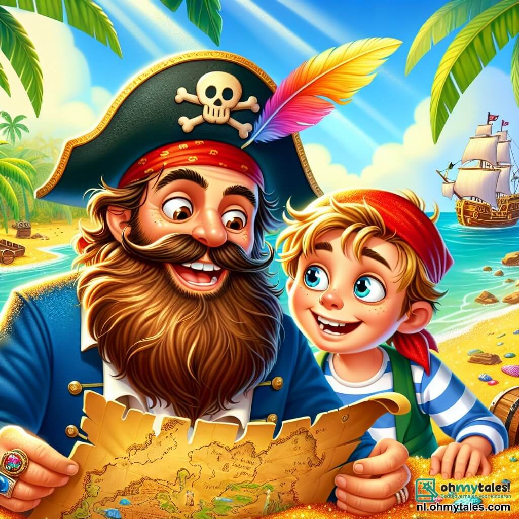 De hoofdpersoon, een man genaamd Kapitein Karel, is een vrolijke piraat van ongeveer 30 jaar, met een grote bruine baard en een piratenhoed versierd met een gekleurde veer. Hij glimlacht breed, met sprankelende ogen van opwinding, terwijl hij een oude schatkaart vasthoudt. Naast hem staat Pipo, een 10-jarig jongetje met tousled blond haar en een rode bandana op zijn hoofd. Hij kijkt nieuwsgierig naar de kaart, met verwonderde ogen, en staat iets naar achteren, klaar om zijn vriend te helpen. De setting speelt zich af op een tropisch strand, met weelderige palmbomen die zachtjes in de wind wiegen, gouden zand dat schittert in de zon, en een turquoise zee met zachte golven die de kust kussen. Op de achtergrond is hun piratenschip, de "Zonneschijn", te zien met zijn kleurrijke zeilen die in de wind wapperen. De belangrijkste situatie toont Karel en Pipo die een oude schatkaart ontdekken die in het zand is begraven, omringd door een sfeer van avontuur en mysterie, klaar om op zoek te gaan naar de geheime schuilplaats.