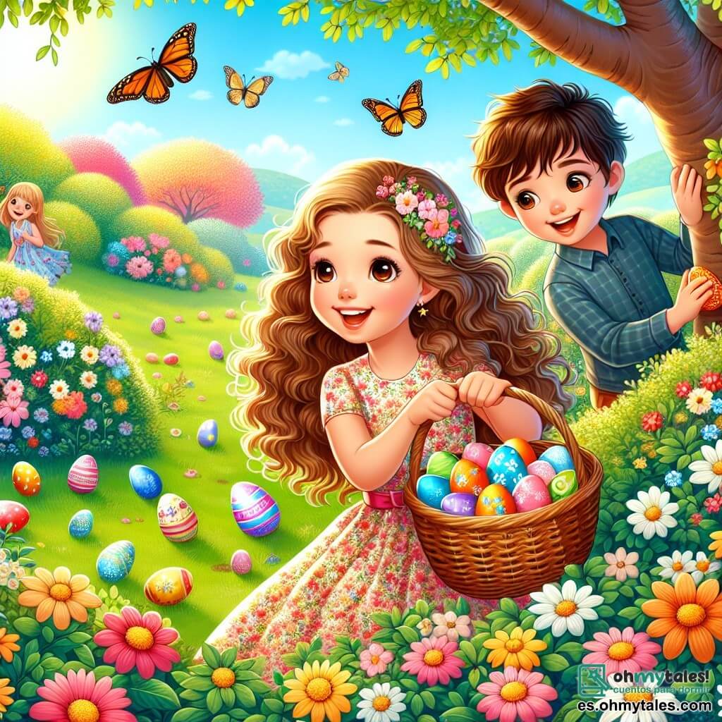 Una niña de 12 años, llamada Sofía, con largos cabellos rizados y una sonrisa radiante, está buscando huevos de Pascua en un jardín colorido. Lleva un vestido primaveral con flores y sostiene una cesta de mimbre llena de huevos decorados. Sus ojos brillan de emoción y curiosidad. Junto a ella, su amigo Lucas, un niño de 11 años con cabello castaño alborotado y una gorra, está agachado buscando debajo de un arbusto, con una gran sonrisa en el rostro. Más lejos, Carla, una niña de 12 años con trenzas rubias, está mostrando un huevo brillante que acaba de encontrar, con los brazos levantados en señal de victoria. El jardín está lleno de flores vibrantes, mariposas revoloteando y un gran roble majestuoso que ofrece sombra. Los huevos de colores están escondidos detrás de las flores y bajo las hojas, creando un ambiente alegre y festivo. Sofía y sus amigos están en plena búsqueda de huevos, riendo y animándose mutuamente, mientras el sol brilla en un cielo azul claro, añadiendo a la atmósfera mágica de este día de Pascua.
