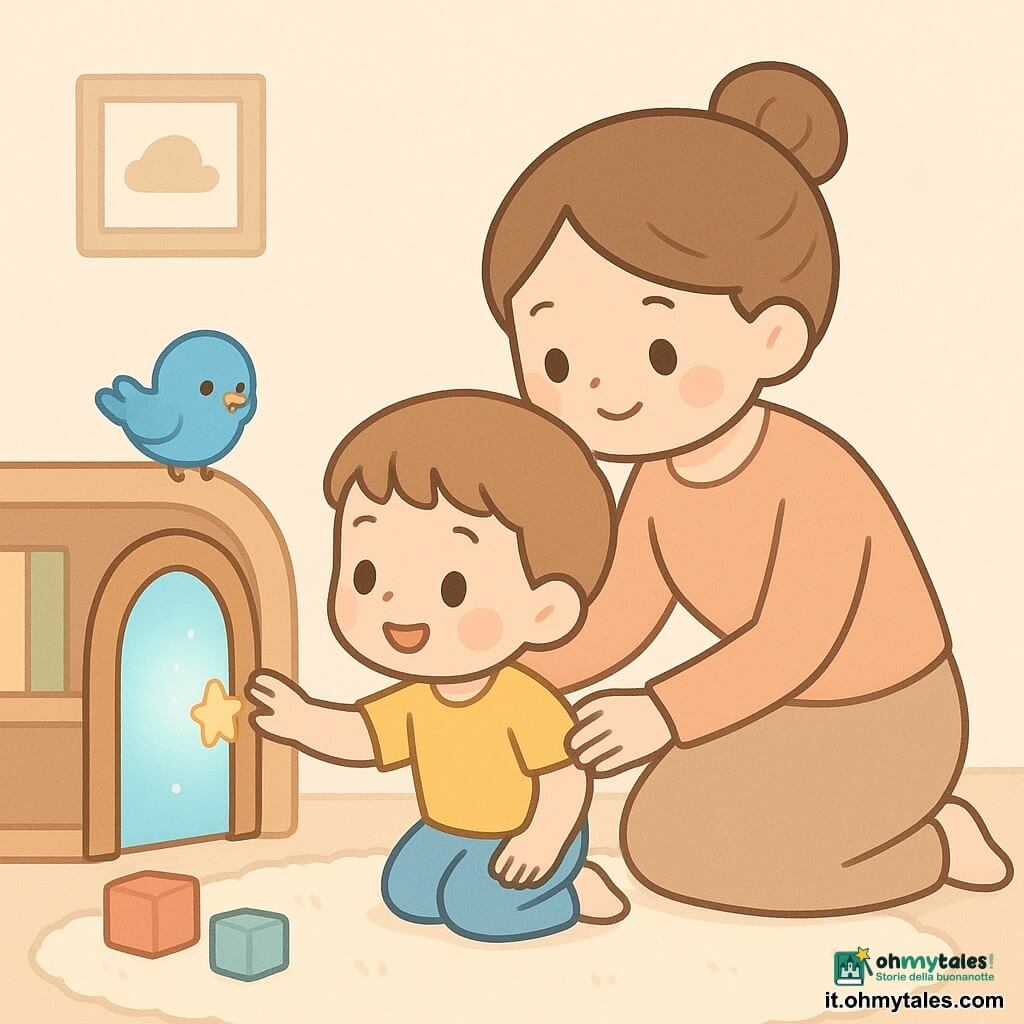 Bambino di 4 anni, capelli castano chiaro corti, guance paffute e largo sorriso, curioso, tocca una piccola porta rotonda lucente con maniglia a stella; la madre di circa 32 anni con capelli raccolti in chignon, volto dolce e rassicurante, accovacciata dietro pronta a sostenerlo; un uccellino azzurro vivo, occhi tondi e piume soffici, posato sul bordo della porta che sembra cantare; soggiorno caldo in colori pastello con tappeto crema spesso, libreria bassa in legno chiaro e cubi colorati, la porta nella parete si apre su una luce azzurra a forma di bolla: istante magico, porta socchiusa che lascia filtrare luce, bambino pronto a entrare, madre vigile e uccellino invitante, atmosfera dolce e rassicurante.