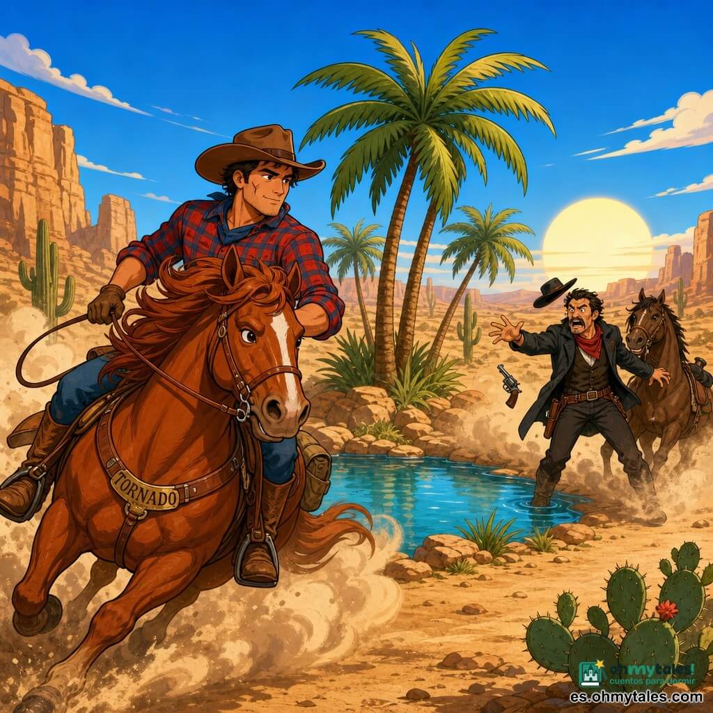 Un hombre llamado Sam, valiente y sereno, rostro bronceado con una leve cicatriz, sombrero de vaquero marrón, camisa a cuadros y botas polvorientas, galopa a toda velocidad sobre su caballo alazán Tornado alrededor de un pequeño oasis de agua azul entre palmeras y rocas; un bandido de unos 40 años, sorprendido y furioso, con chaqueta oscura y pañuelo rojo, está desorientado por la polvareda con su revólver cayendo de la mano mientras Sam lo rodea hábilmente para desarmarlo, creando una nube de polvo y una silueta heroica contra el desierto dorado.