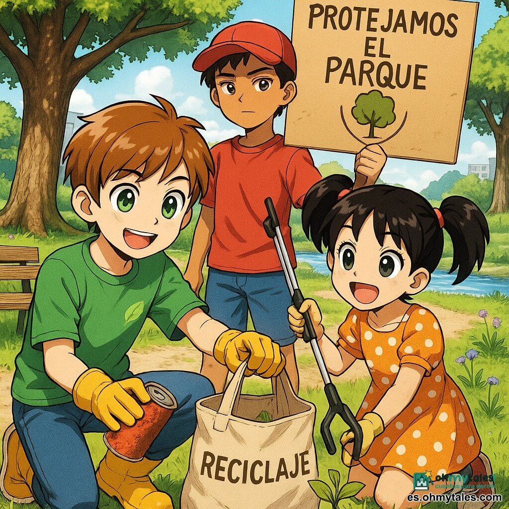 Un niño de 10 años, sonriente y decidido, pelo castaño claro corto, ojos verdes grandes, lleva camiseta verde con logo de hoja, vaqueros y guantes de jardinería amarillos; recoge una lata oxidada y la pone en una bolsa de reciclaje de tela; a su derecha una niña de 9 años, alegre, pelo negro en coletas, vestido naranja de lunares blancos, sostiene unas pinzas de basura para ayudar; detrás de ellos un niño de 11 años, serio pero amable, piel morena y gorra roja, sostiene un cartel de cartón que dice «Protejamos el parque»; están en un parque urbano soleado con césped, robles, sendero de grava, algunas flores violetas y un banco de madera, junto a un río y cielo azul con nubes; los tres limpian, recogen residuos y plantan una pequeña plántula en una escena colaborativa y optimista.