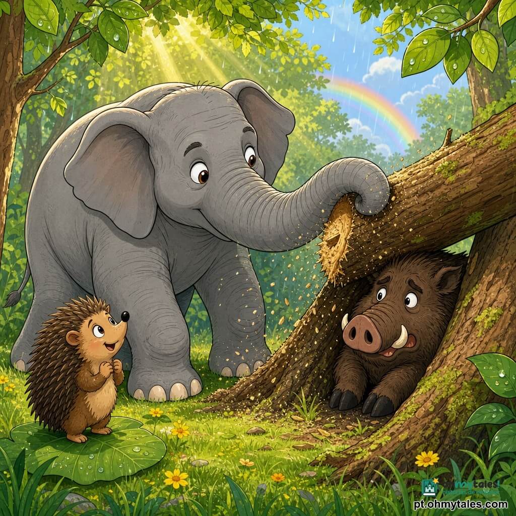 Um grande elefante é o personagem principal, rosto suave, tromba longa a afastar um tronco para libertar um robusto javali preso entre dois troncos; ao lado, um pequeno ouriço-urso em pé sobre uma folha observa admirando; clareira luminosa com relva verde, flores amarelas, troncos com musgo, serradura no ar, gotas de chuva e um arco-íris distante; cores saturadas, contornos nítidos, estilo caloroso e expressivo, composição centrada nas três silhuetas, adequada a crianças.