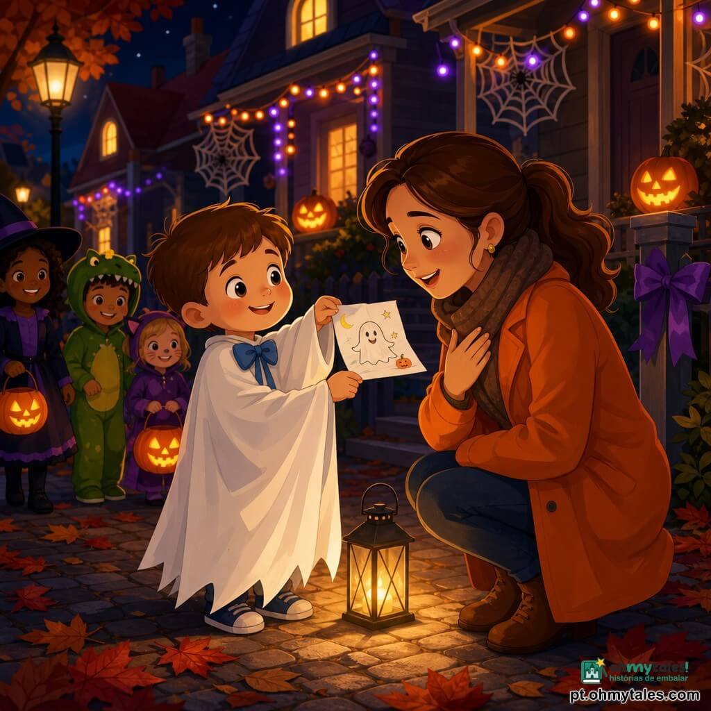 Um menino de 4 anos, cabelo castanho curto, bochechas redondas e sorriso tímido, veste uma fantasia simples de fantasma branca com um laço azul no peito; ele segura um pequeno desenho dobrado e o oferece à mãe, com rosto emocionado e postura levemente inclinada à frente. A mãe, cerca de 30–35 anos, cabelo castanho preso em rabo de cavalo, casaco laranja, ajoelhada para receber o desenho, com expressão doce e surpresa e uma mão no peito. Ao lado, uma pequena lanterna no chão emite luz amarela quente que ilumina seus rostos. Cenário: rua de Halloween à noite, calçada de pedras, abóboras iluminadas nas portas, luzes em guirlanda laranja e roxa, teias de papel nos alpendres e algumas folhas de outono no chão. Cena centrada na oferta do desenho diante de um portão decorado com fitas roxas; atmosfera acolhedora, cores saturadas, contrastes suaves, estilo vetorial simples e textura lisa, tom terno e alegre.