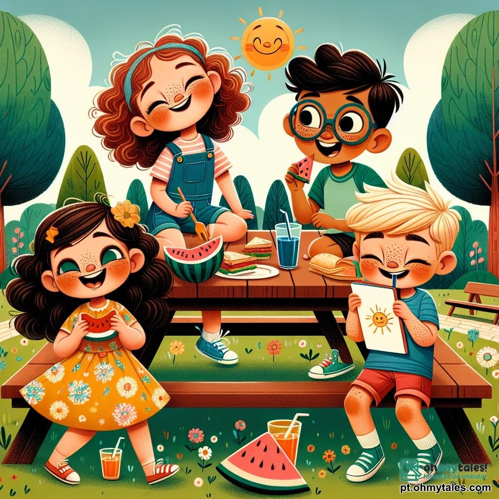 Au centre da imagem, quatro crianças estão reunidas em torno de uma grande mesa de piquenique. Maria, uma menina de 8 anos com cabelos castanhos e cacheados, usa um vestido amarelo com flores e sorri segurando uma fatia de melancia. João, um menino de 9 anos com cabelos loiros e óculos, está sentado ao lado dela mordendo um sanduíche, vestindo uma camiseta azul e um short vermelho. Ana, uma menina de 7 anos com cabelos lisos e negros, está em pé segurando um copo de suco de laranja, vestindo um macacão de denim e uma camiseta rosa. Pedro, um menino de 8 anos com cabelos castanhos e sardas, está sentado em frente a eles, rindo e mostrando seu desenho de um sol em seu caderno, vestindo uma camiseta verde e um short bege. Ao fundo, há um parque ensolarado com grandes árvores de folhas verdes, um céu azul claro com algumas nuvens brancas e uma piscina cintilante onde outras crianças se divertem. A cena mostra as crianças compartilhando um momento alegre, cercadas de comida colorida e risadas, ilustrando o espírito das férias de verão.