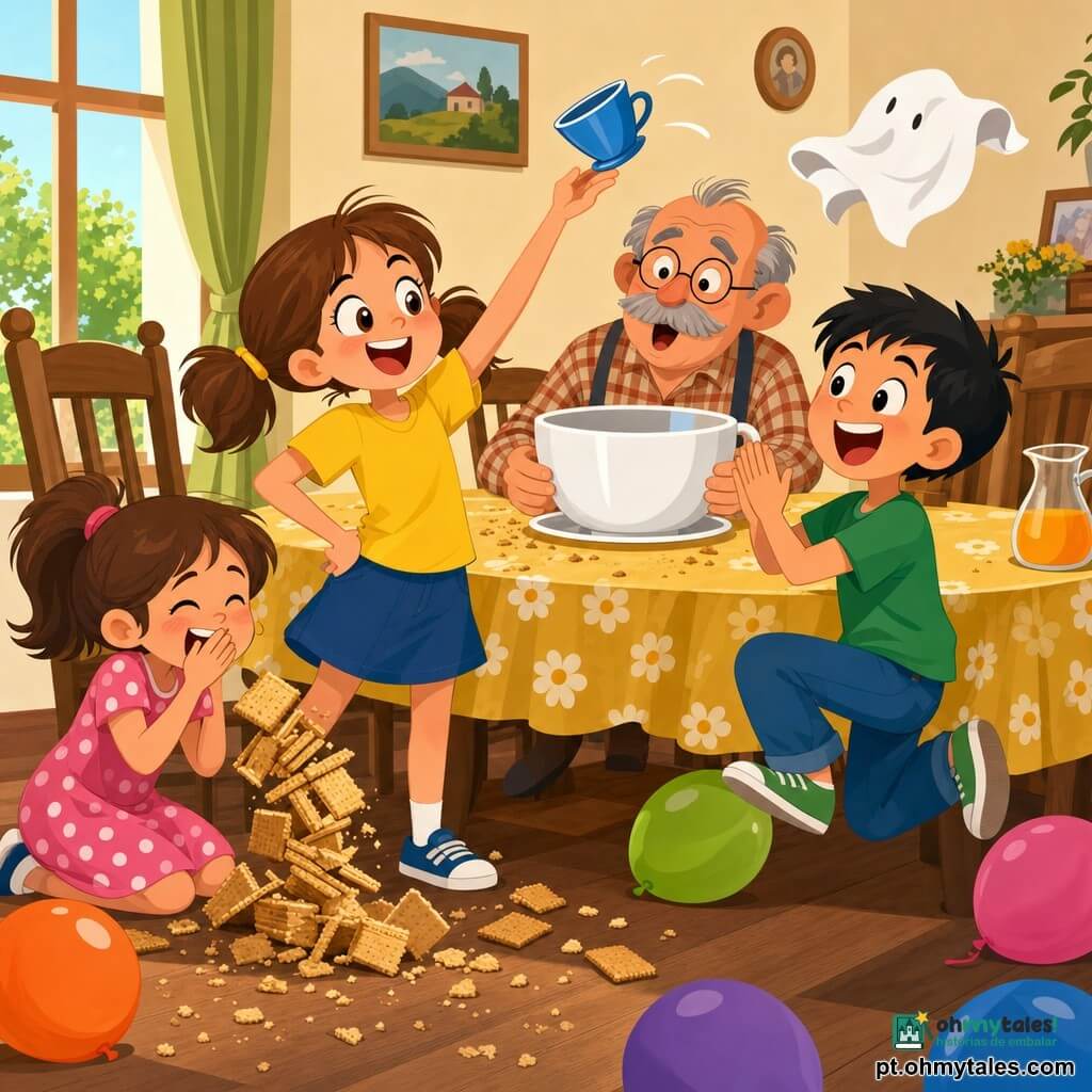 Mafalda, 8 anos, sorridente e maliciosa, cabelo castanho-claro em rabo de cavalo, camiseta amarela e saia azul, segura um copo azul que saltou e olha triunfante; Nuno, cerca de 8 anos, alegre, cabelo preto curto, camiseta verde, aplaude a pular à direita; Joana, cerca de 8 anos, travessa, cabelo castanho preso, vestido de bolinhas rosa, ri cobrindo a boca ajoelhada à esquerda junto à torre de bolachas caída; o avô, homem idoso de óculos redondos e bigode grisalho, de camisa xadrez, está sentado atrás da mesa com uma grande caneca branca onde o copo azul caiu, expressão surpreendida e divertida; sala de jantar luminosa com mesa de madeira clara, toalha de flores amarelas, jarra de sumo, cadeiras de madeira, balões coloridos e migalhas na mesa, uma guardanapo branco flutua como um pequeno fantasma; cores vivas e contrastadas, traços simples e sombras suaves, composição alegre e dinâmica centrada nas crianças e na caneca, estilo plano apropriado para 8 anos.