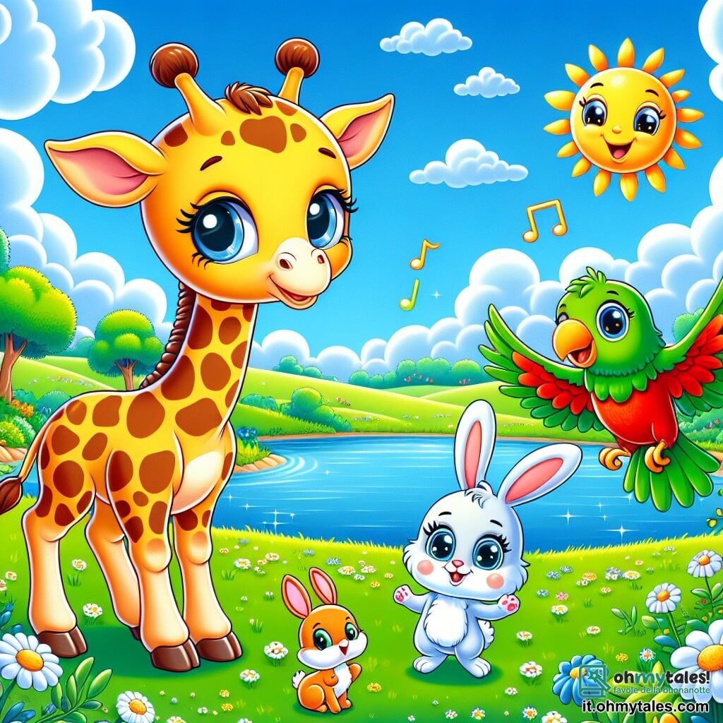Una giraffa di nome Gina, con un lungo collo maculato e occhi dolci, si trova sulla riva di un lago scintillante, il suo volto esprime grande curiosità e una leggera tristezza. Accanto a lei, un coniglietto bianco di nome Pipo, con grandi orecchie e pelliccia morbida, salta gioiosamente, i suoi occhi brillano di entusiasmo. Un pappagallo colorato, Lolo, con piume brillanti di rosso, verde e blu, vola intorno a loro cantando, con un sorriso amichevole sul volto. Il paesaggio è una prateria verde, punteggiata di fiori colorati, sotto un cielo blu punteggiato di nuvole bianche e soffici. In questa scena, Gina, Pipo e Lolo uniscono le forze per far sorridere il sole, cantando e ballando insieme, portando gioia e luce al loro mondo.