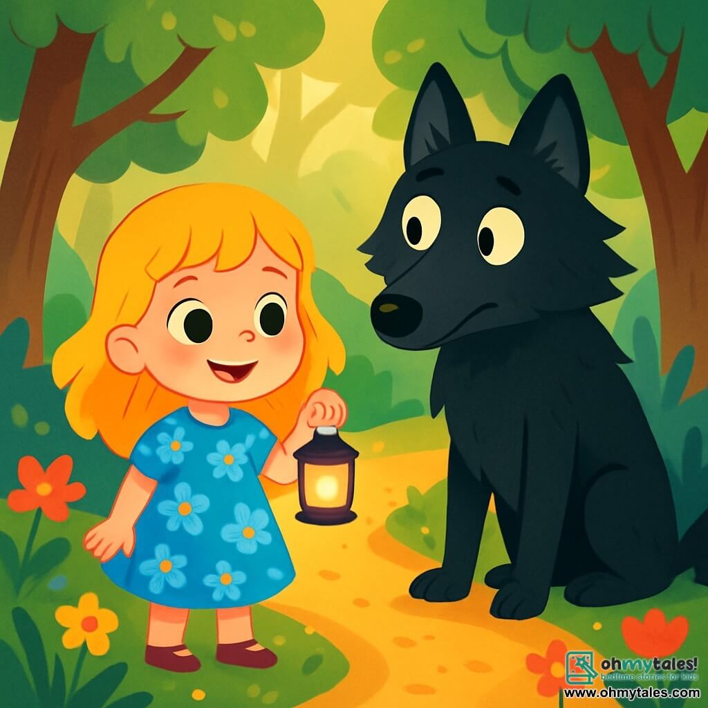 A 6-year-old girl named Lila, with golden hair shining like the sun, wears a dress made of blue flowers. She has sparkling eyes filled with curiosity and a joyful smile. Lila holds a small glowing lantern that softly lights up her face. Beside her, the big bad wolf, with fur as black as night and bright eyes, stands slightly back, looking at Lila with a mix of curiosity and hesitation. The setting is the Whispering Forest, where majestic trees with green leaves gently sway in the wind. The ground is covered with colorful flowers and sunlight filtering through the branches. The scene depicts Lila and the wolf on a golden path, surrounded by nature's beauty, sharing a moment of understanding and trust, illustrating the magic of a budding friendship between a brave little girl and a once-feared wolf.