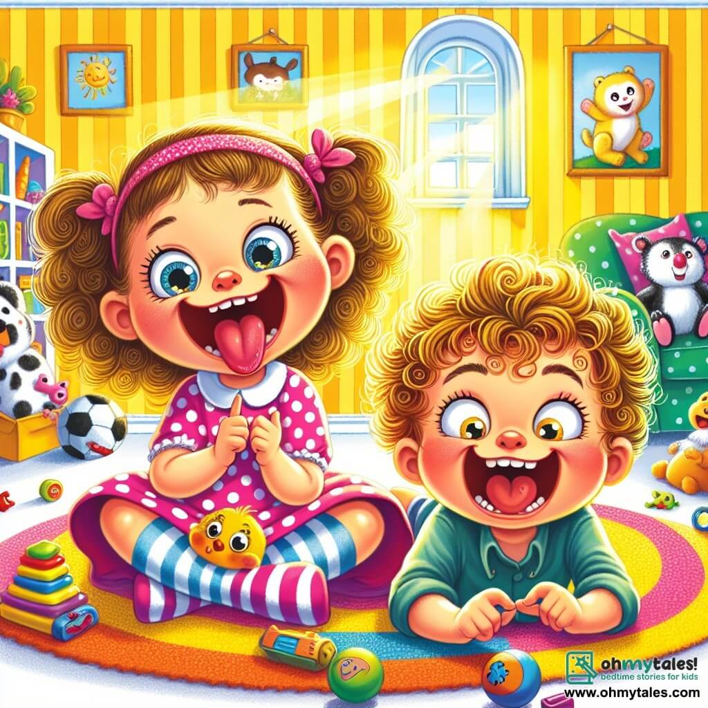 A 4-year-old girl named Lily, with sparkling big eyes and curly hair, makes a hilarious face by sticking out her tongue and crossing her eyes. She is wearing a pink polka dot dress and striped socks. Next to her, her 2-year-old brother Max, with round cheeks and messy blonde hair, mimics his sister with a comical expression, wide-eyed and with an "O" shaped mouth. They are sitting on a colorful rug in their living room, surrounded by scattered toys. The place is bright, with yellow walls and animal drawings hanging up. The scene shows Lily and Max in a competition of funny faces, laughing heartily, while their mom, a smiling woman with brown hair in a bun, watches them with crossed arms, adding a touch of joy to this playful atmosphere.