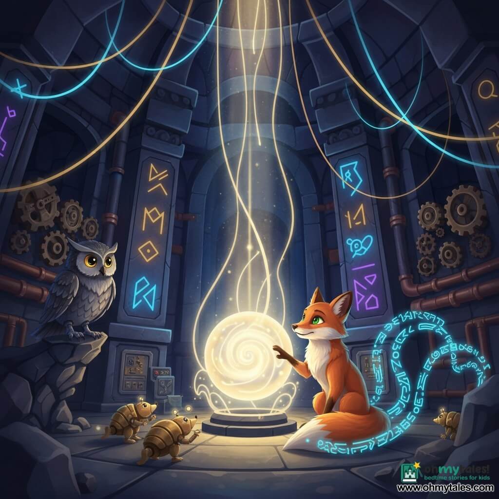 The main character is Zephyr, a young fox with bright orange fur and green eyes, focused and amazed, seated on his hind legs touching a glowing sphere with his paw and tracing runes in the air with his tail; a second character is Orin, a mechanical wise owl with steel-gray feathers and golden lens-eyes, perched on a left rocky ledge watching attentively; three mechanical moles with polished brass shells and blinking lights crouch by a gear panel, adjusting a forge lens beside the fox; the setting is a vast underground chamber carved from dark stone, walls engraved with neon blue, purple, and gold runes, ribbons of light, rows of gleaming gears and copper pipes; the scene shows the fox awakening the "Neon Core" — a large orbiting swirl of light that pulses then strengthens, neon filaments reaching the ceiling and warm, sparkling light flooding the room.