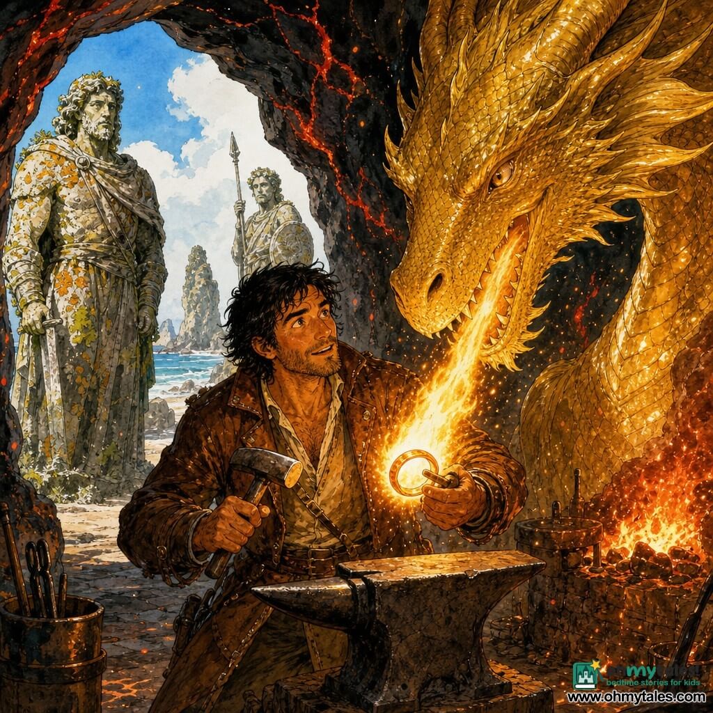 Eldric, a 35-year-old sailor-smith with a tanned face, messy black hair, bright eyes, a worn brown leather jacket and salty boots, holds a heated ring in one hand and a small hammer in the other, ready to reforge it; a massive benevolent golden dragon leans behind and above him, breathing a gentle bright flame over the ring, its scales like molten metal; lichen-covered ancient stone hero statues frame the beachside scene; the forge is carved into a cave on Ember Island with black walls streaked red, a fine sand floor, orange-red flames, sparks and warm reflections — a heroic, warm, mysterious moment of a sea-forger reforging a magical ring with a protective dragon, colored-ink look, strong contrasts and sparkling details.