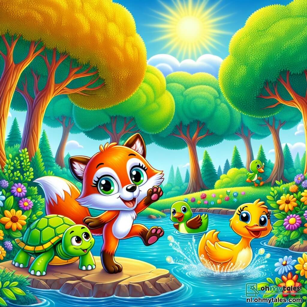 Vicky, een jonge vos met een feloranje vacht en een witte buik, staat vrolijk aan de oever van een kleine rivier, met sprankelende ogen terwijl ze zich voorbereidt om in het water te springen. Ze loopt een beetje mank, maar haar stralende glimlach toont haar vastberadenheid. Naast haar moedigt Tommy, een wijze schildpad met een groene schild en ondeugende ogen, haar aan met een grote glimlach, terwijl hij op een klein plat steentje staat. Daisy, een schattige eend met gele veren en een oranje snavel, zwemt vrolijk in het water en spettert glinsterende druppels om zich heen, vol enthousiasme. De achtergrond is een charmant groen bosje, met majestueuze bomen met glanzende bladeren en kleurrijke bloemen langs de rivier. De zon schijnt door de takken en creëert dansende schaduwen op de grond. De scène toont Vicky, vol energie en vreugde, klaar om in het water te duiken, omringd door haar vrienden die haar aanmoedigen, wat het belang van vriendschap en steun bij uitdagingen illustreert.