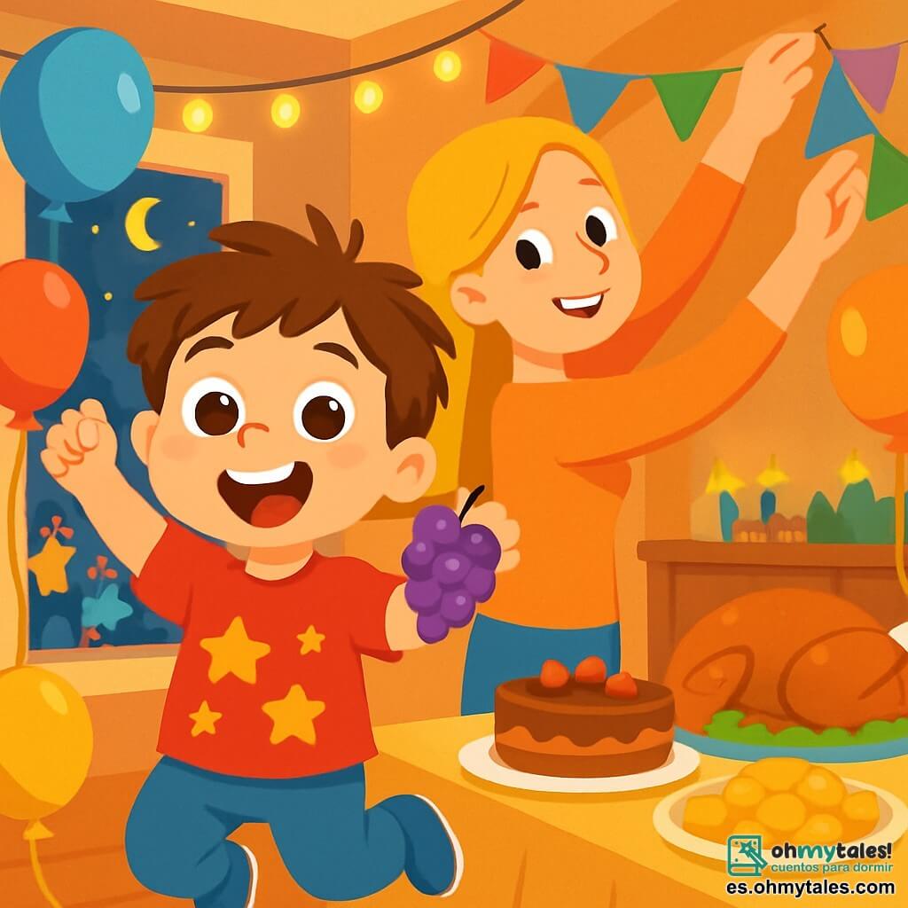 Un niño de 4 años, llamado Maxi, con cabello castaño desordenado y grandes ojos llenos de alegría, está saltando de felicidad en una habitación decorada para la fiesta de Año Nuevo. Lleva una camiseta roja brillante con estrellas doradas y pantalones azules. Su mamá, una mujer sonriente de unos 30 años con cabello largo y rubio, está ocupada colgando guirnaldas coloridas del techo, mientras le lanza una mirada cariñosa. La sala está llena de globos multicolores, luces brillantes y una gran mesa con platos deliciosos. Al fondo, se ve una ventana abierta que da a la calle animada donde la gente baila y canta. Maxi sostiene un racimo de uvas en sus pequeñas manos, listo para comerlas a la medianoche, con una gran sonrisa en su rostro, ansioso por celebrar el nuevo año.