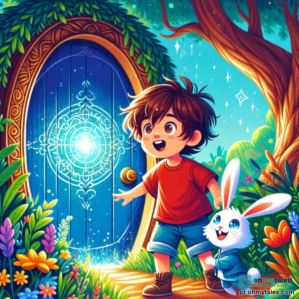 Um menino de 4 anos, com cabelos castanhos bagunçados e olhos brilhantes de curiosidade, está diante de uma porta azul brilhante em um jardim verdejante. Ele usa uma camiseta vermelha e um short de denim, e seu rosto expressa grande empolgação enquanto se prepara para abrir a porta mágica. Ao seu lado, um coelhinho branco com grandes orelhas e olhos cintilantes, que sorri alegremente, parece incentivá-lo a entrar no mundo maravilhoso. O jardim está cheio de flores coloridas que dançam ao vento, e árvores de troncos grossos se erguem majestosas ao redor da porta. A luz do sol filtra através das folhas, criando sombras suaves no chão. A cena principal mostra o menino e o coelhinho se preparando para atravessar a porta, simbolizando o início de uma aventura mágica em um mundo onde tudo é possível.