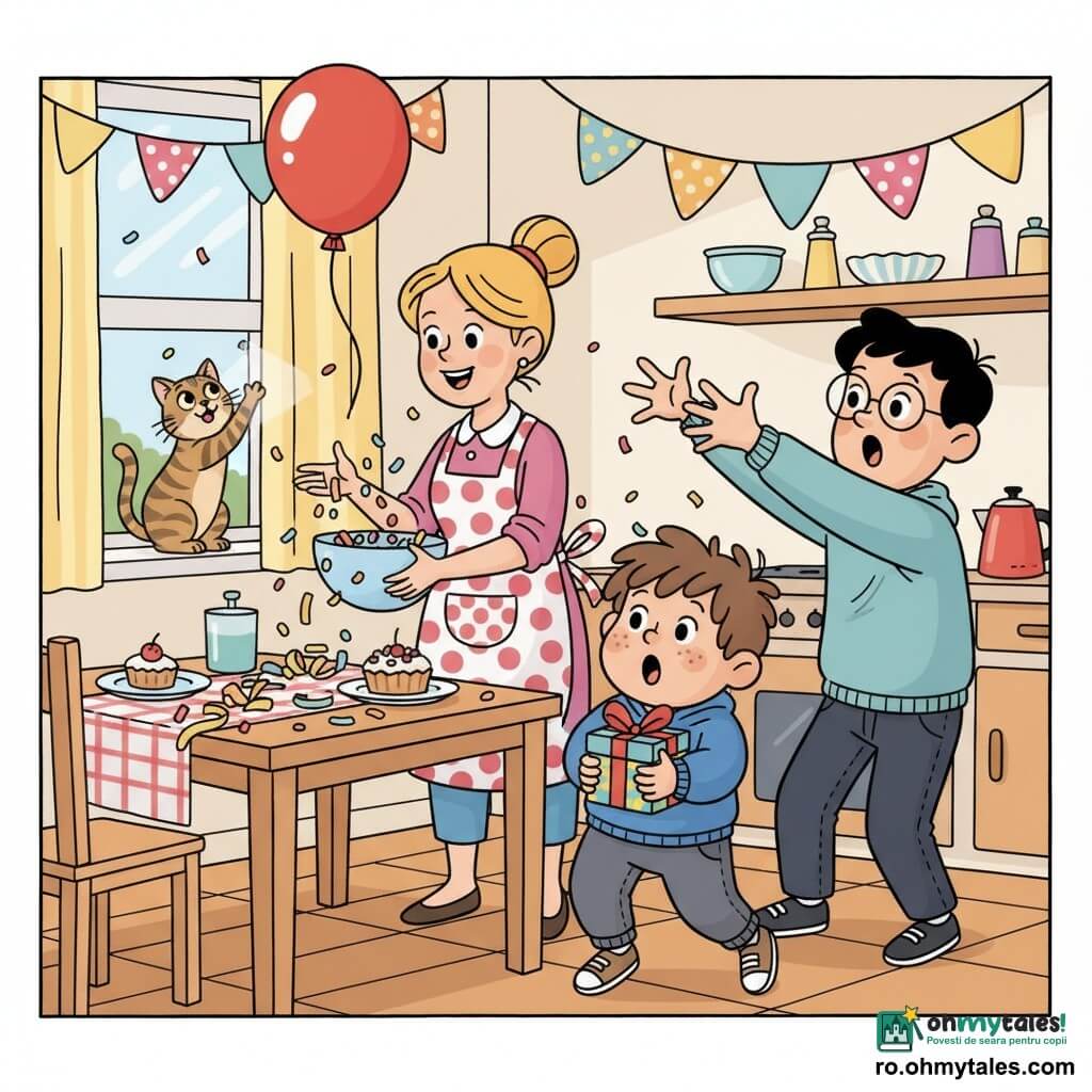 Un băiat de 6 ani cu păr șaten zburlit, obraji rotunzi și pistrui, cu fața radiantă ține o mică cutie cadou colorată la piept și stă în vârfuri; o femeie în jur de 30 de ani cu șorț cu buline și păr blond prins în coc zâmbește ușor vărsând confetti dintr-un bol lângă masă; un bărbat cu ochelari rotunzi și păr negru încearcă să prindă un mare balon roșu care se înalță, cu brațele întinse lângă băiat; o pisică tigrată curioasă stă pe pervaz, cu o labă ridicată spre lumină; bucătăria e luminoasă și colorată, masa din lemn deschis presărată cu panglici de hârtie, farfurii cu prăjituri, față de masă în carouri și ghirlande suspendate — scenă de petrecere aniversară veselă, momentul în care băiatul descoperă cutia și toți reacționează cu gesturi exagerate și culori vii.