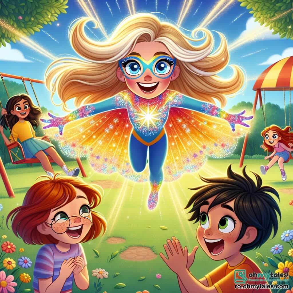 În centrul imaginii, Lumina, o supereroină, zboară în aer cu un zâmbet strălucitor. Are părul lung și auriu care strălucește ca razele soarelui și ochii albaștri deschiși, plini de bucurie. Costumul ei colorat este decorat cu modele de fulgi de lumină și emană o aură caldă și luminoasă. În partea de jos, un grup de trei copii, două fete și un băiat, cu vârste între 8 și 10 ani, se joacă într-un parc. Prima fată, cu părul brunet și ochelari, râde în timp ce aruncă o minge spre Lumina. A doua fată, cu părul roșu și pistrui, aplaudă cu entuziasm. Băiatul, cu părul negru dezordonat, o privește pe Lumina cu admirație, cu ochii mari. Parcul este plin de flori colorate și copaci verzi, cu un cer albastru deschis presărat cu câteva nori albi pufoși. Leagănele și un tobogan se află în fundal, adăugând o notă de bucurie scenei. Situația principală o arată pe Lumina zburând deasupra parcului, înconjurată de copii care se distrează, ilustrând momentul în care descoperă frumusețea vieții normale și importanța bucuriei și prieteniei.
