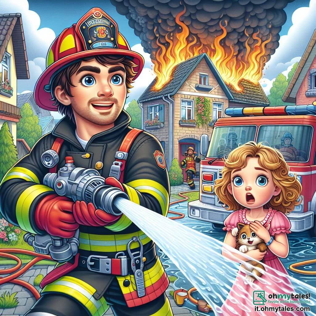 Un pompiere, Marco, è rappresentato in azione con un'espressione determinata. Ha capelli castani, una barba curata e indossa un'uniforme rossa con un casco da pompiere. Utilizza un potente getto d'acqua per spegnere un incendio che divampa in una casa sullo sfondo. Accanto a lui, una bambina di 8 anni, Sofia, con capelli biondi e ricci, guarda con occhi sgranati, tenendo un gattino tra le braccia. Indossa un vestito rosa e sembra sia preoccupata che sollevata nel vedere Marco all'opera. Il luogo è una strada animata di un piccolo villaggio, con case colorate e alberi verdi. La casa in fiamme è sullo sfondo, con fiamme arancioni e fumi neri che si alzano nel cielo blu. La scena principale mostra Marco mentre lotta contro il fuoco, mentre Sofia osserva con speranza, illustrando il coraggio e la solidarietà in momenti difficili.