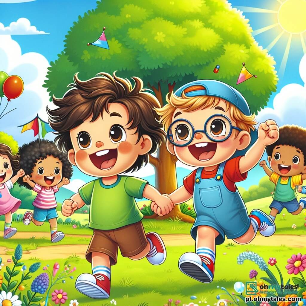 Em um parque ensolarado, um menino de cinco anos chamado Pedro, com cabelos castanhos bagunçados e um grande sorriso, corre alegremente em direção a uma grande árvore verde. Ao seu lado, seu melhor amigo Lucas, também um menino de cinco anos, com cabelos loiros e óculos, salta de alegria brandindo uma pequena bandeira colorida. Atrás deles, um grupo de quatro crianças de idades e origens diferentes, dois meninos e duas meninas, os observa com entusiasmo, prontos para se juntar a eles. Uma menina de cabelos cacheados e negros, vestindo uma camiseta rosa, incentiva Pedro, enquanto um menino com boné azul aplaude Lucas. O parque está cheio de flores coloridas, risadas de crianças e balões flutuantes, com um céu azul brilhante e algumas nuvens brancas. A cena principal mostra Pedro e Lucas correndo juntos, de mãos dadas, com expressões determinadas e alegres, enquanto atravessam uma linha de chegada imaginária, cercados por seus amigos que os incentivam com sorrisos e gritos de alegria.