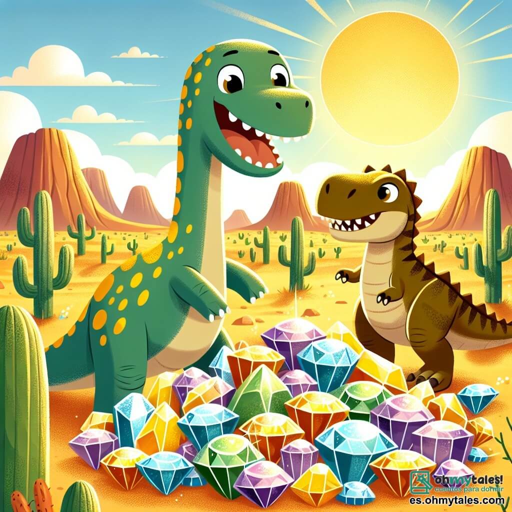 Un diplodocus alegre, con un largo cuello y una piel verde manchada de amarillo, se encuentra en el centro de la imagen, con los ojos brillantes de emoción al descubrir un tesoro brillante. A su lado, un robusto tiranosaurio, Rex, con escamas marrones y ojos traviesos, sonríe ampliamente, listo para compartir esta aventura. El escenario es un vasto desierto soleado, salpicado de grandes rocas y cactus coloridos, con majestuosas montañas al fondo. La escena está llena de luz dorada, creando un ambiente cálido y amigable. Dino y Rex están frente a un montón de joyas brillantes, piedras preciosas de todos los colores, iluminadas por el sol, mientras ríen juntos, celebrando su amistad y el descubrimiento de este increíble tesoro.
