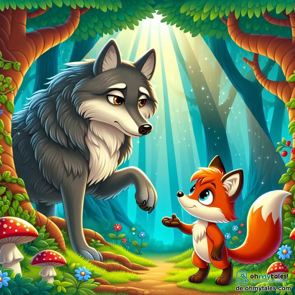 Ein kleiner, frecher Fuchs namens Felix mit leuchtend orangefarbenem Fell und neugierigen Augen steht mutig vor einem großen, grauen Wolf, der traurig und melancholisch aussieht. Felix, mit einem entschlossenen Ausdruck im Gesicht, streckt eine Pfote zum Wolf aus, bereit ihm zu helfen. Der Wolf sitzt unter einem großen Baum, seine Ohren hängen herunter und sein Blick ist voller Traurigkeit. Er schaut Felix dankbar an und erkennt, dass er nicht allein ist. Die Szenerie ist ein verwunschener Wald mit majestätischen Bäumen, deren dicke Stämme und leuchtend grünen Blätter sind, während Sonnenstrahlen durch das Blätterdach filtern und Lichtmuster auf den Boden werfen. Bunte Blumen und seltsame Pilze schmücken den Waldboden und verleihen der Umgebung einen Hauch von Magie. Die Hauptsituation zeigt Felix und den Wolf, die sich im Herzen des Waldes begegnen, wo Felix mutig seine Hilfe anbietet und so das Klischee des bösen Wolfes durchbricht und eine unerwartete Freundschaft offenbart.